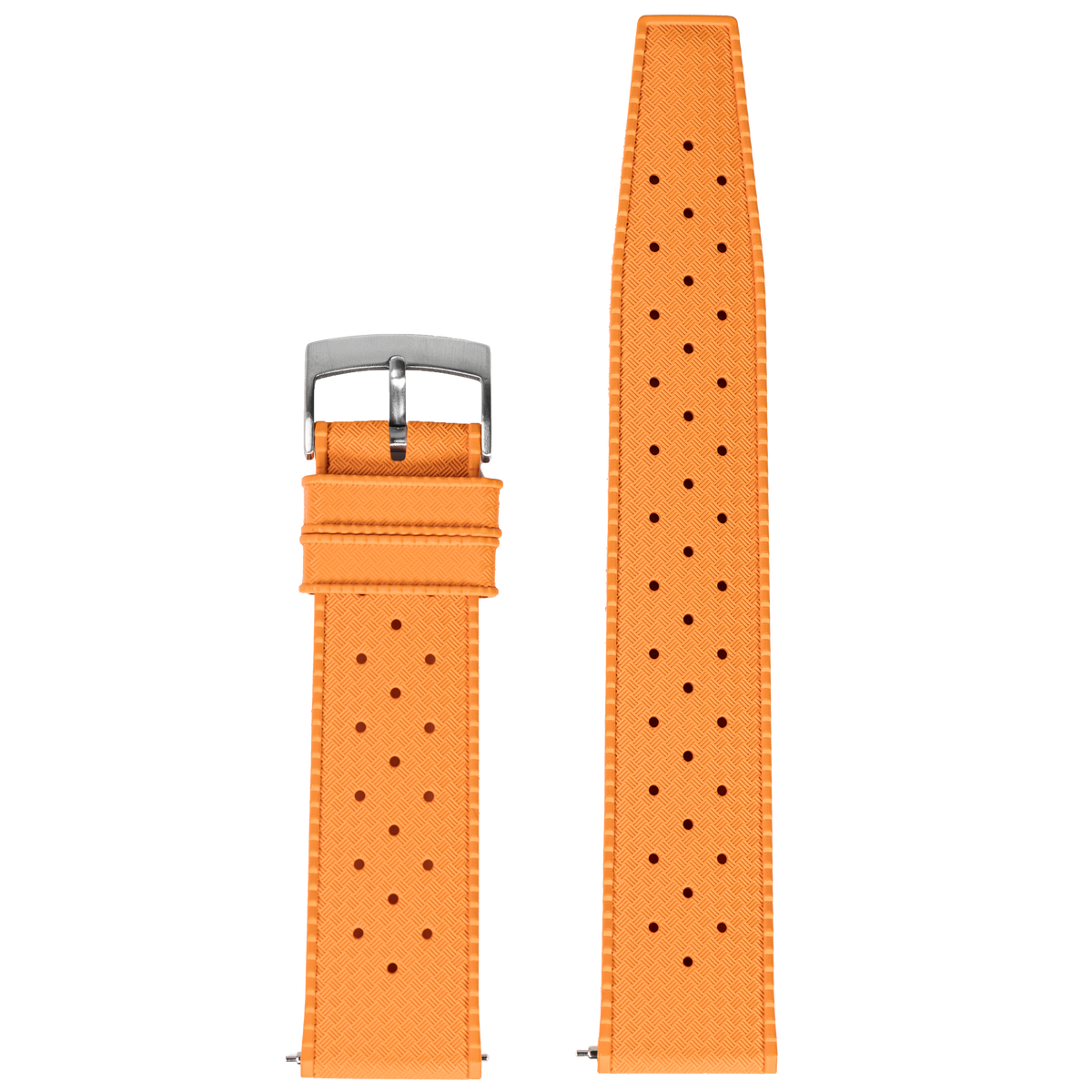 Orange FKM rubber watch band with perforated design and stainless steel buckle, shown full length and attached to watch head