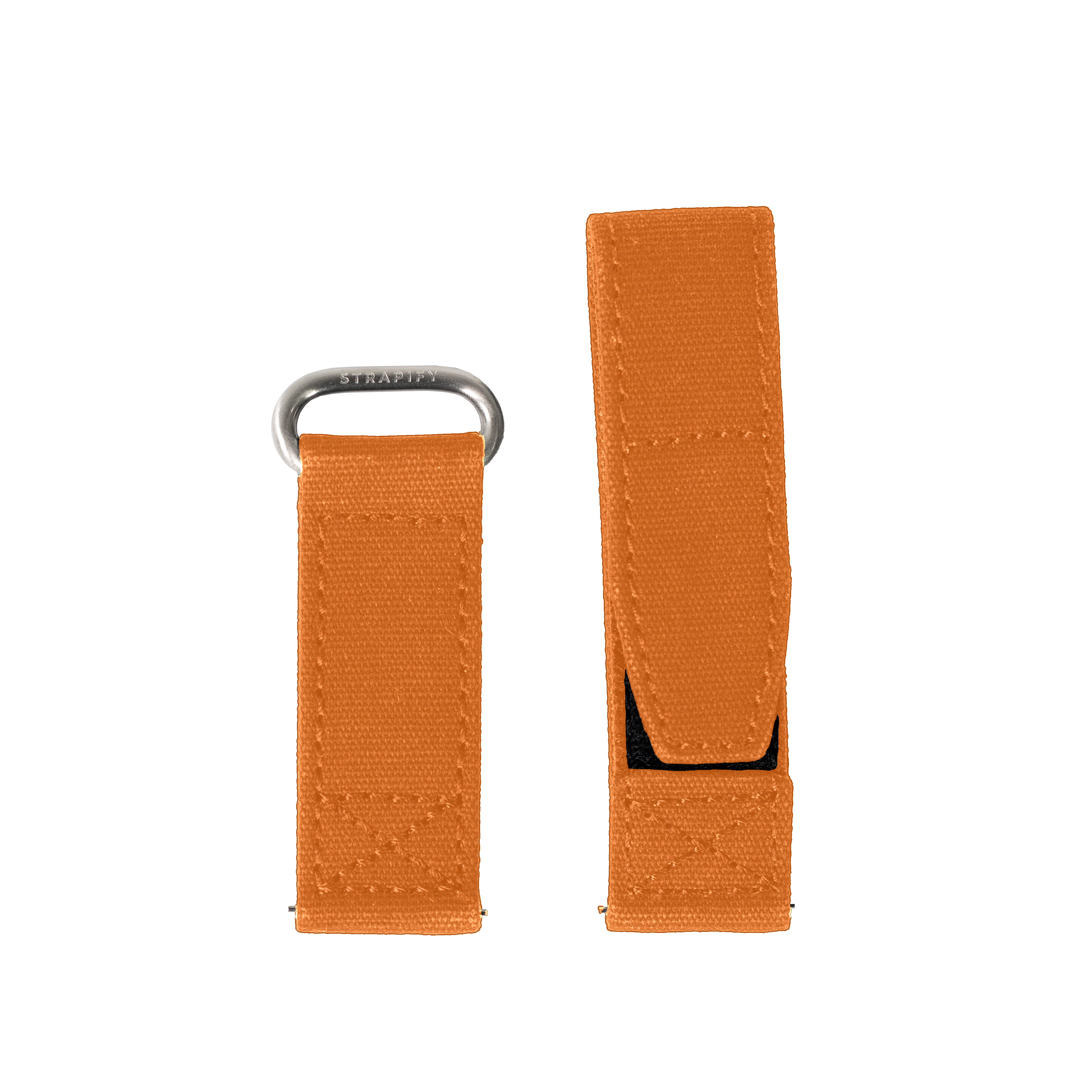 Orange canvas military watch strap with quick-fit velcro fastening and steel keeper ring, 22mm width
