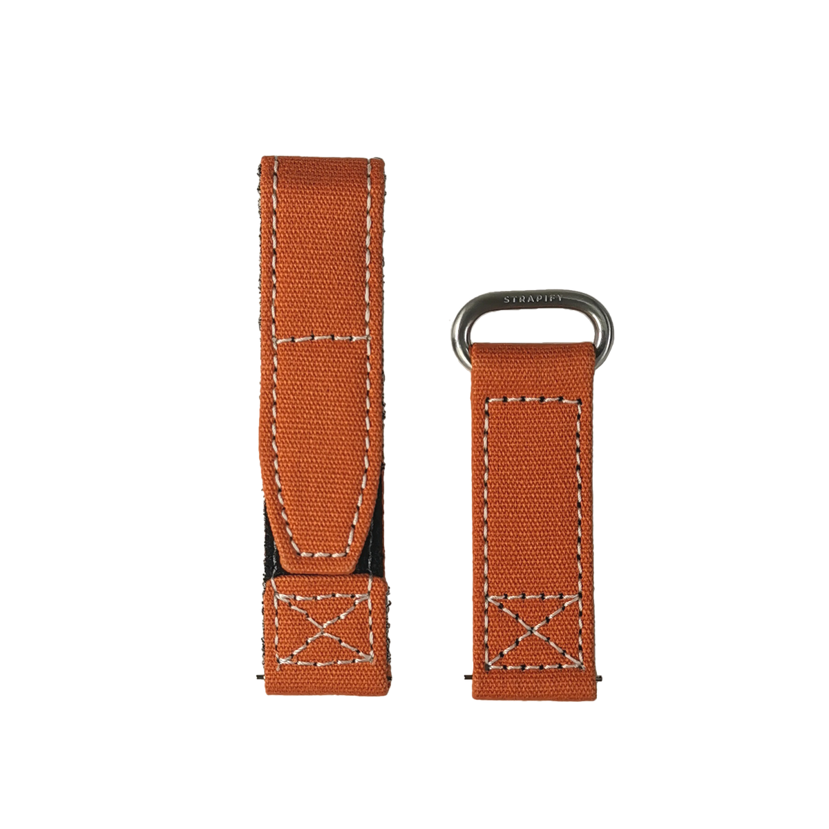 Orange canvas military watch strap with white stitching and metal loop hardware for Apple Watch