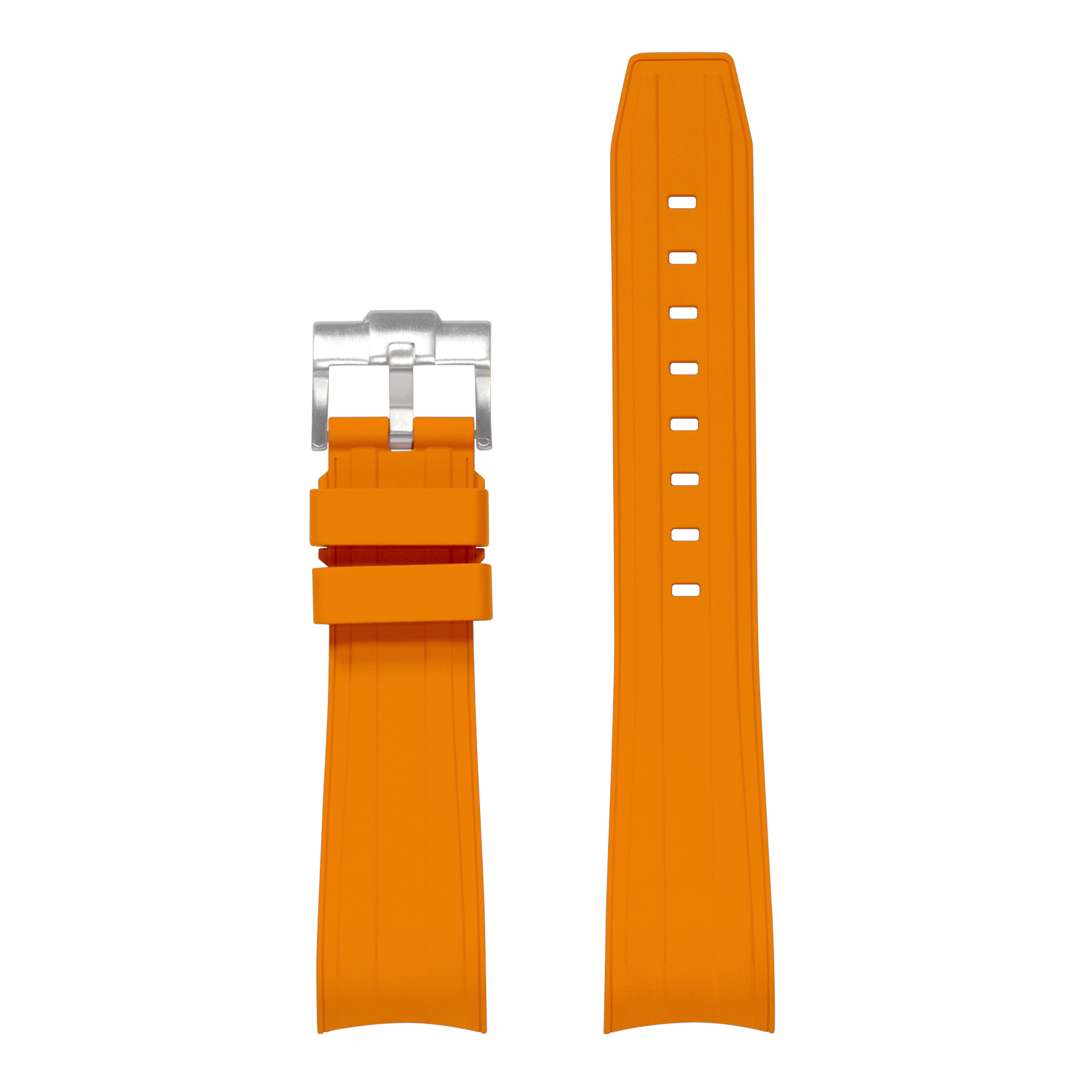 Bright orange curved rubber watch strap 21mm with silver buckle and white ventilation holes for Rolex Submariner