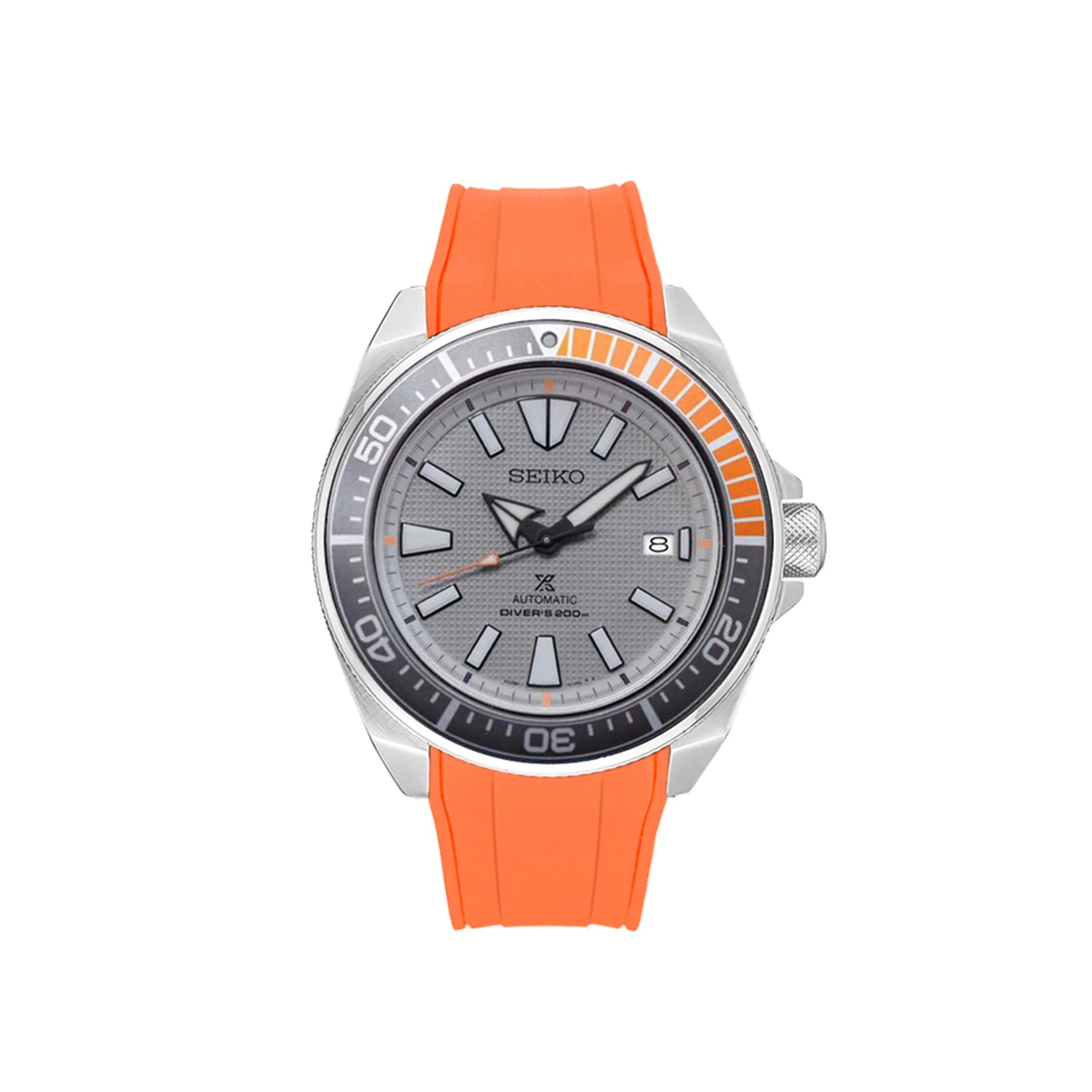 Seiko Prospex automatic diver watch with stainless steel case, gray dial, orange rubber strap and black bezel