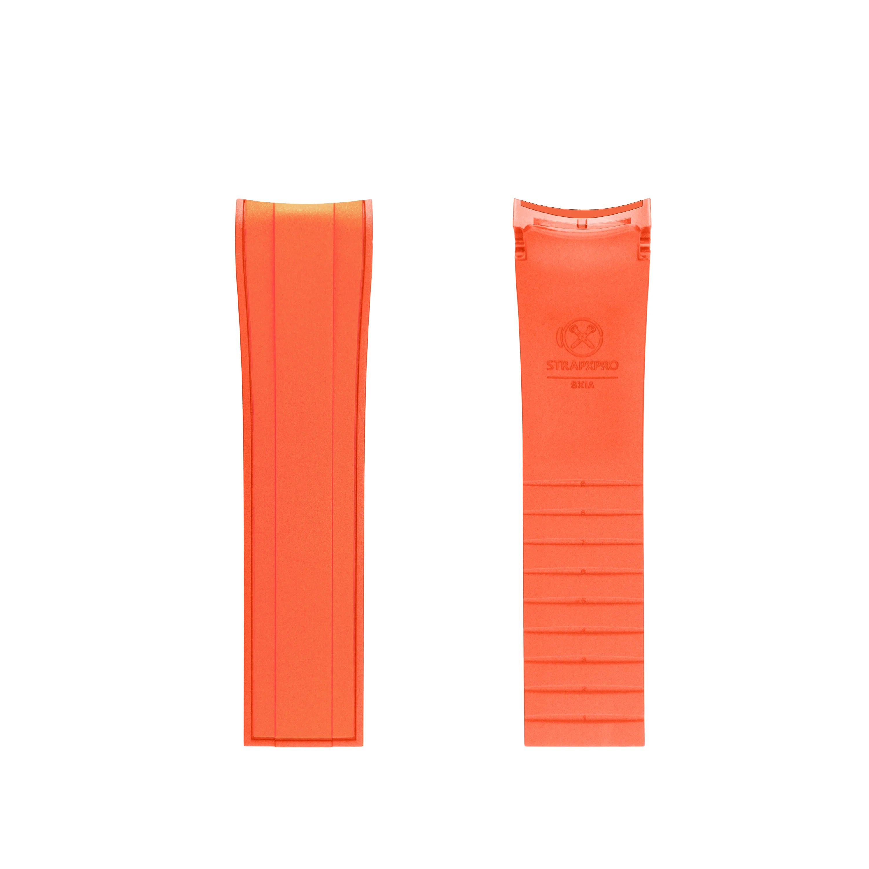 Orange rubber curved-end watch strap for Seiko SKX diving watches with grip texture