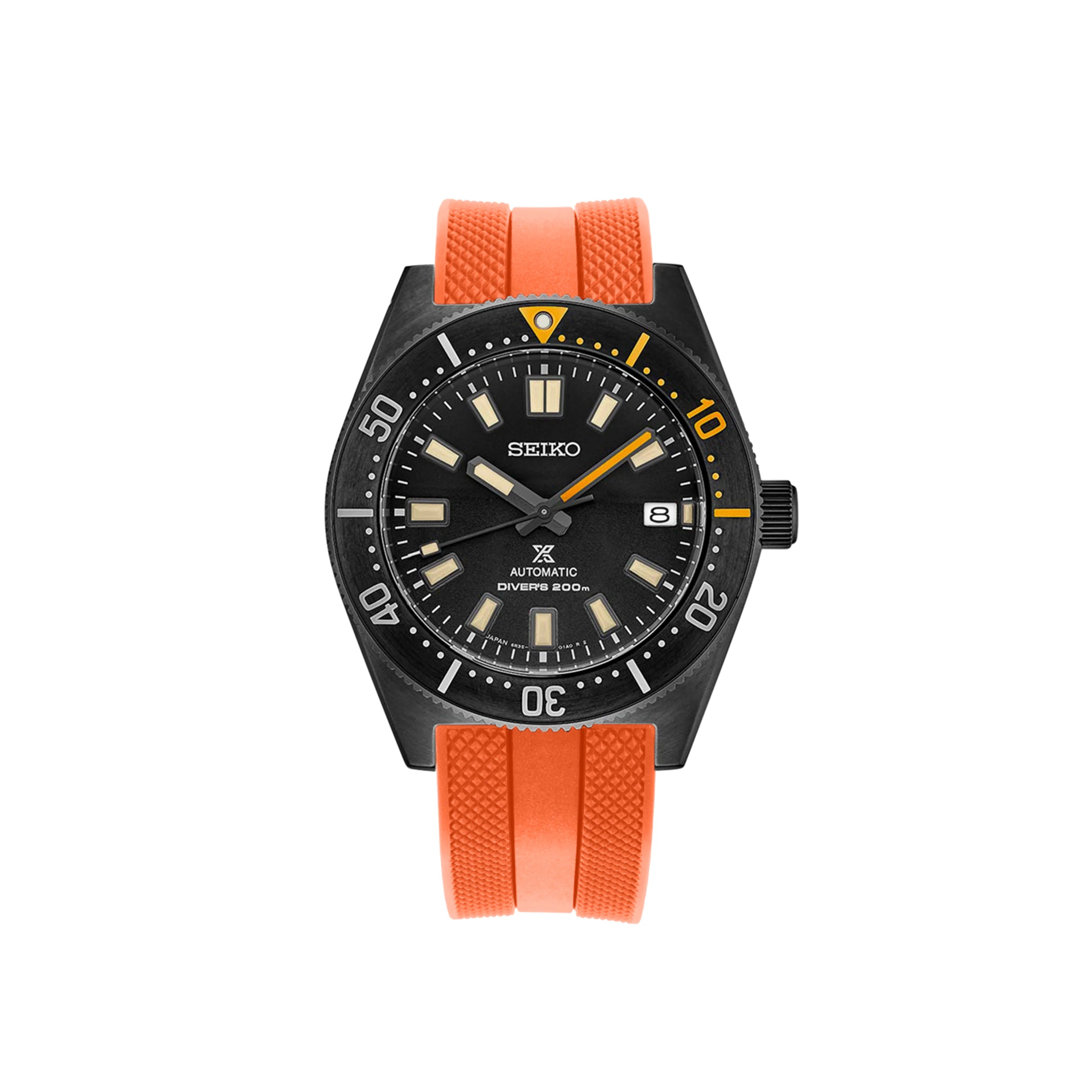 Seiko Prospex automatic dive watch with black dial, orange rubber strap, and 200m water resistance rating