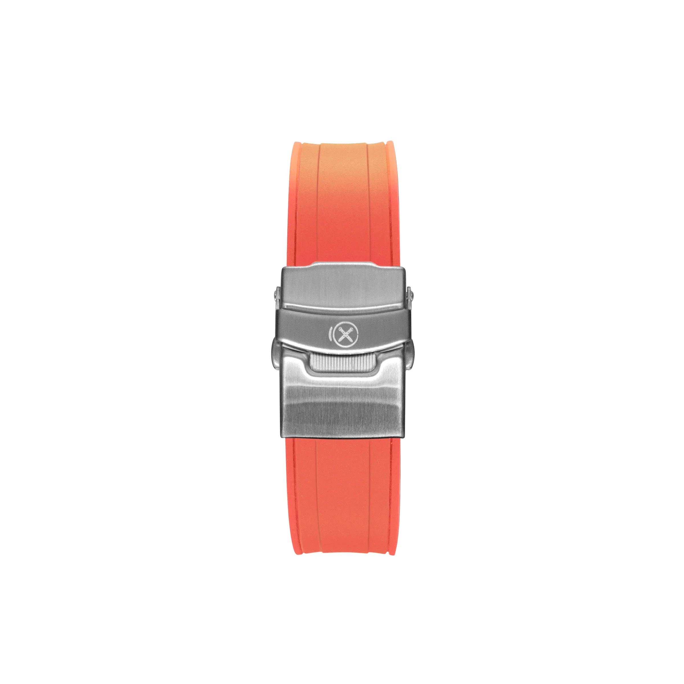 Red rubber curved-end watch strap with brushed steel buckle for Seiko SKX Series dive watches