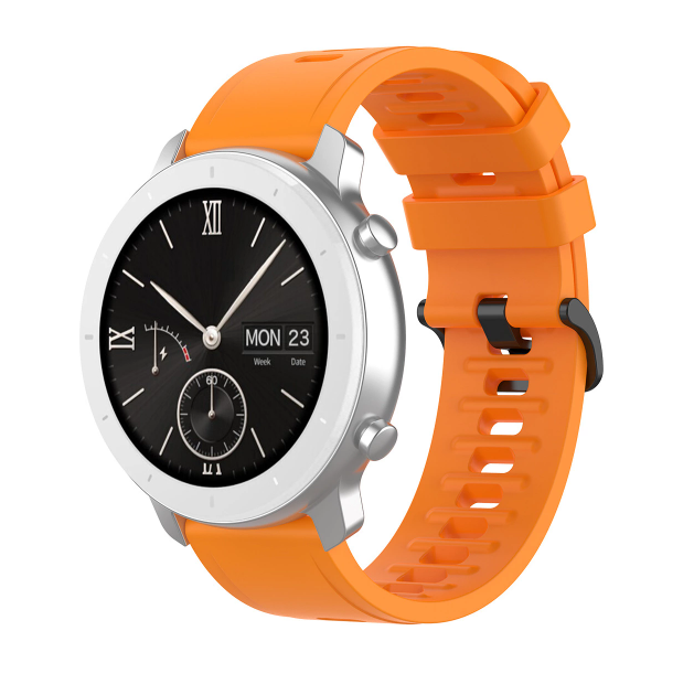 Silver smartwatch with black dial and orange silicone quick release band, sports watch with date display