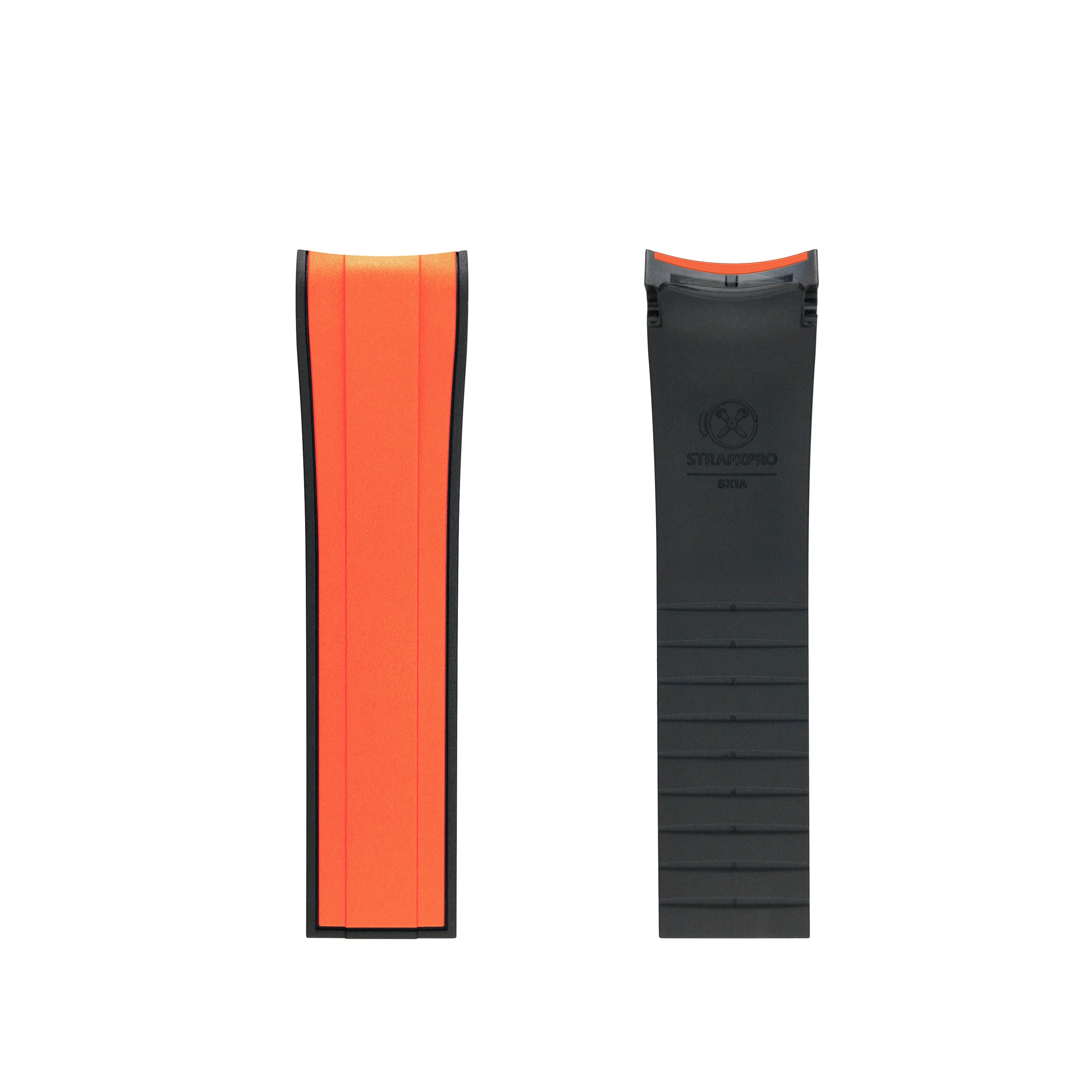 Orange and black rubber watch strap with curved ends for Seiko 5 Sports GMT, shown front and back view