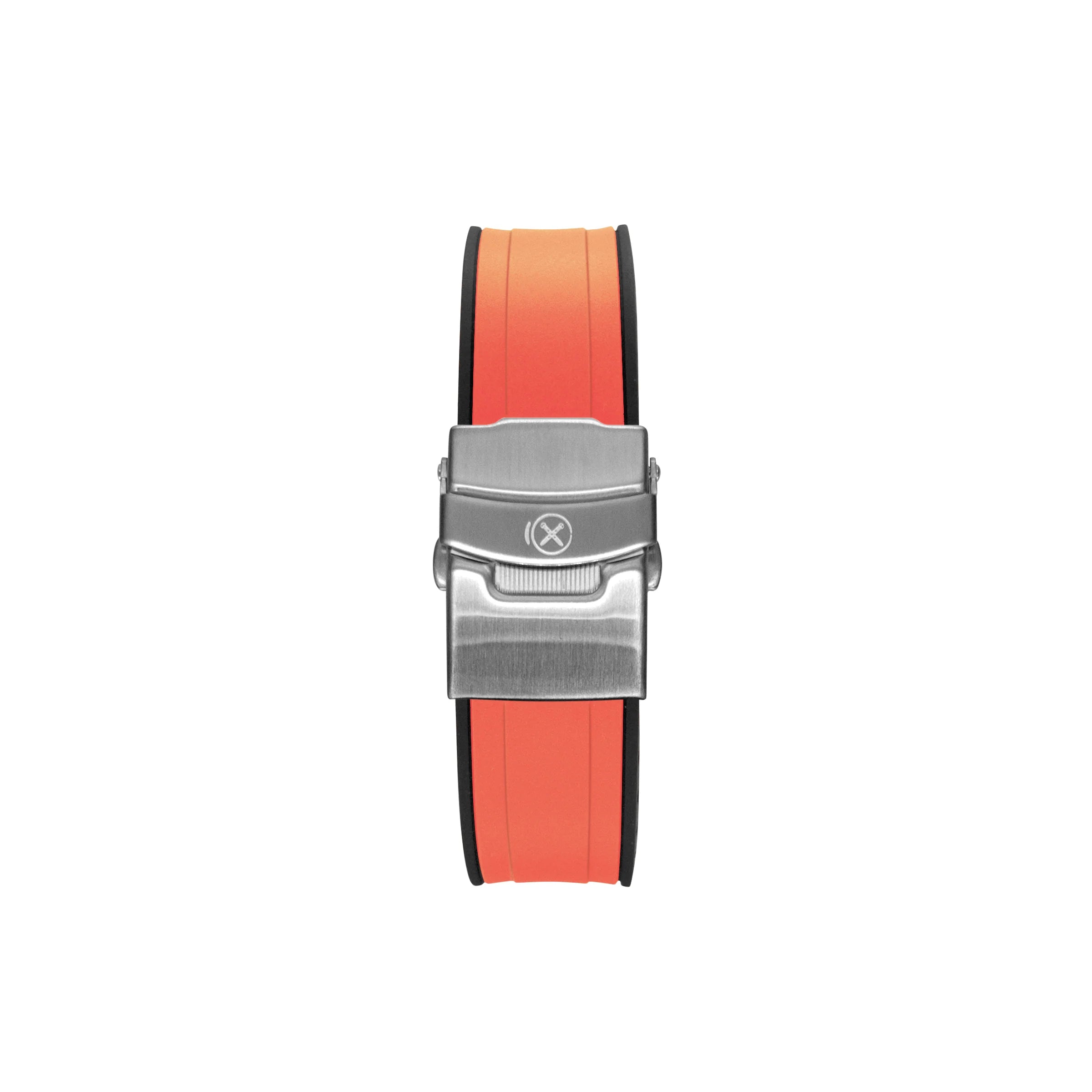 Orange and red rubber watch strap with curved ends and brushed steel buckle for Seiko SKX series timepieces