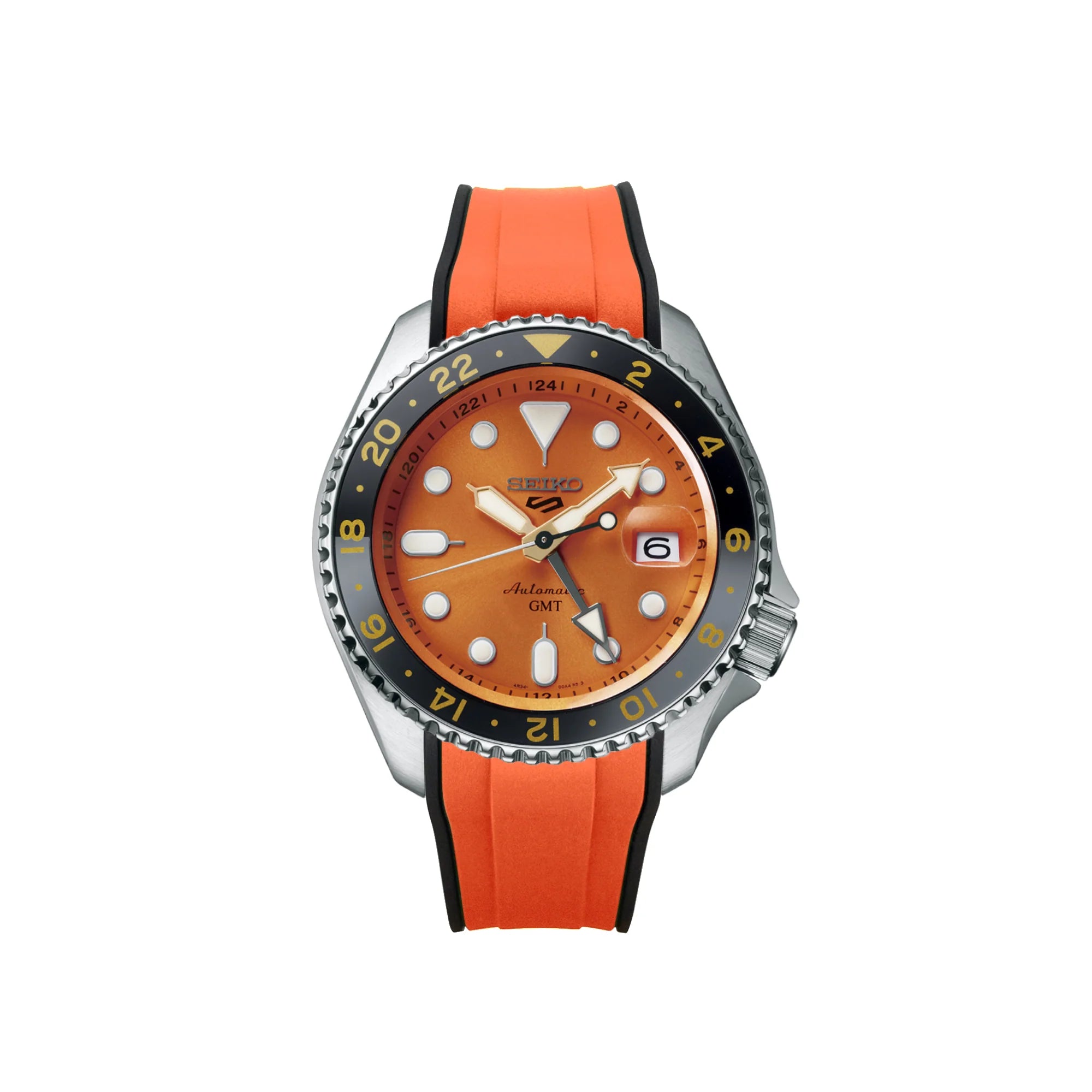 Seiko 5 Sports GMT automatic watch with orange dial, black bezel, orange rubber strap, and date window