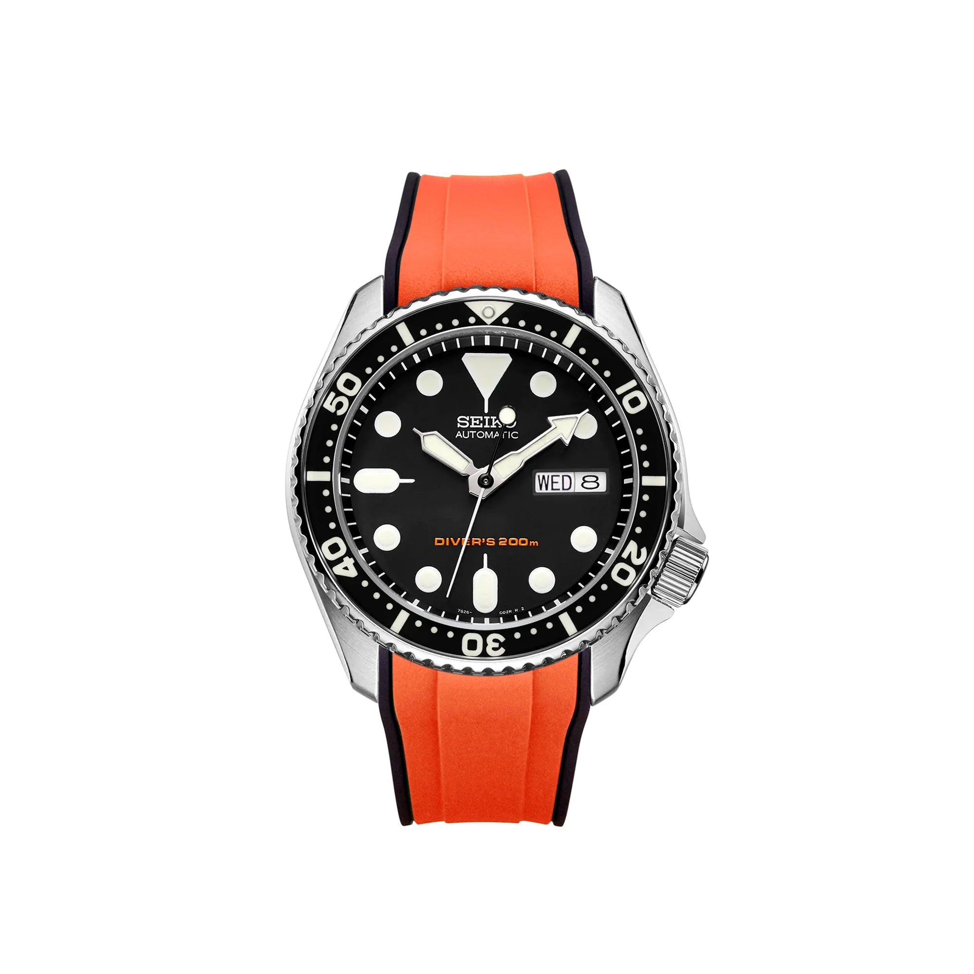 Seiko SKX automatic diving watch with orange rubber strap and black dial, 200m water resistant
