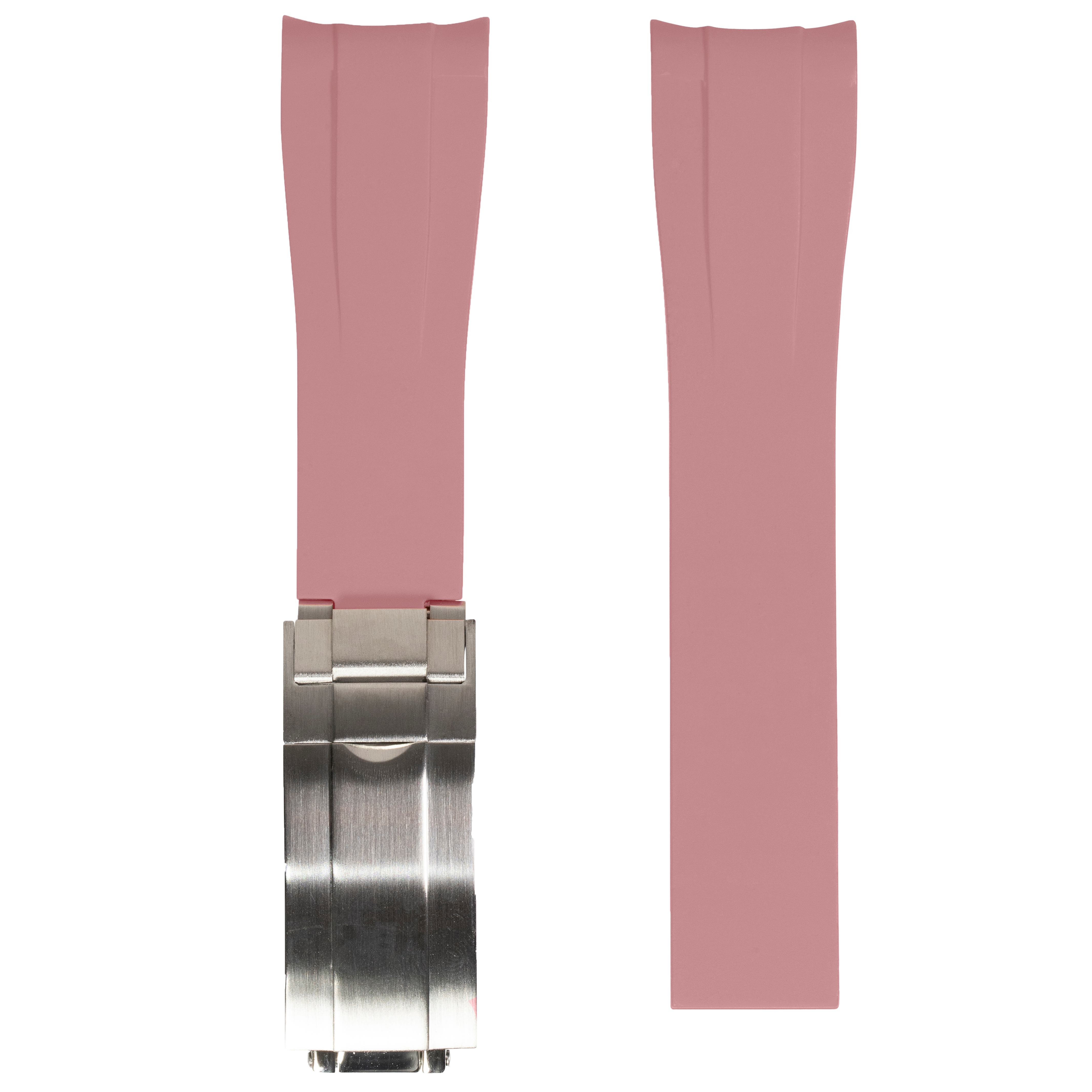 Pink rubber watch strap with stainless steel oyster clasp for MoonSwatch timepiece