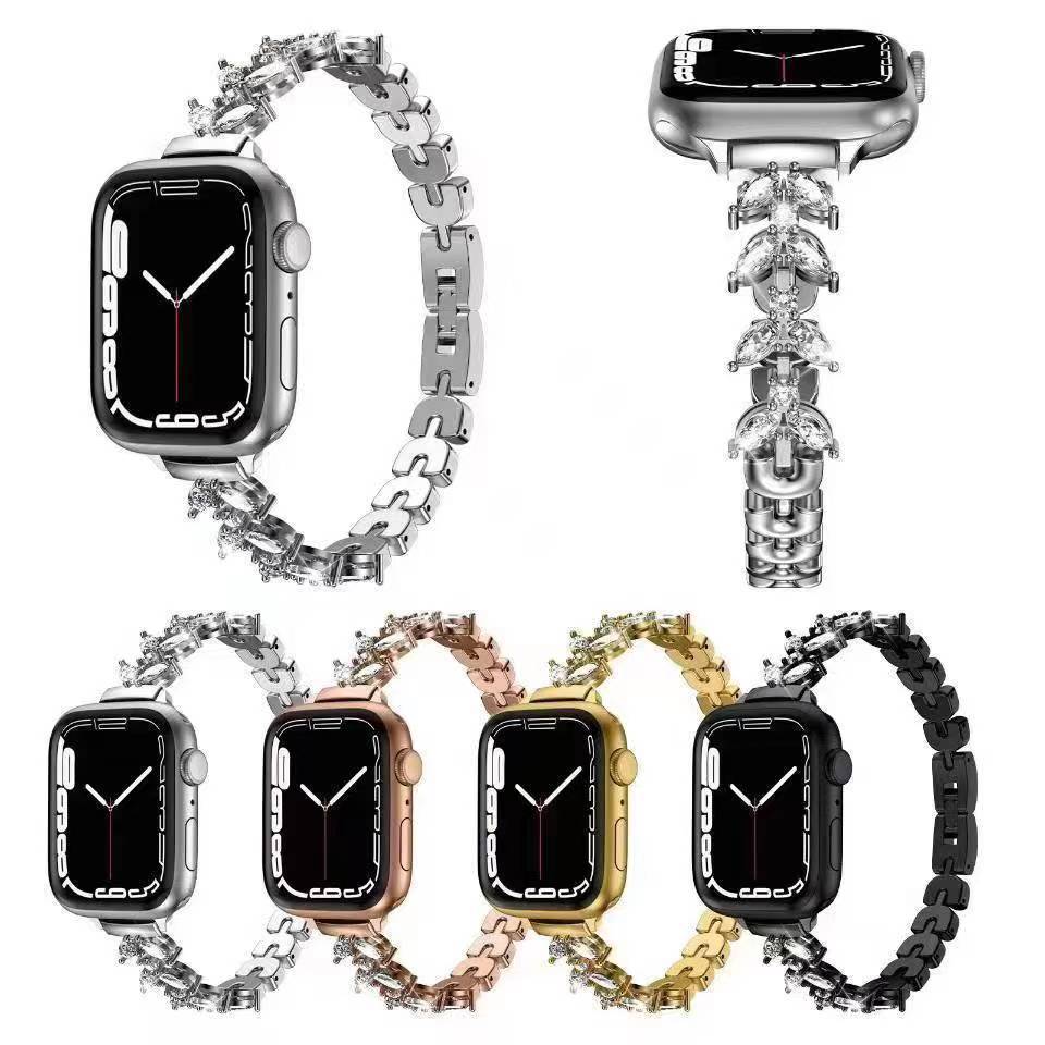 Luxury diamond-studded smartwatch bracelet for Apple Watch in silver, rose gold, and gold finishes with geometric crystal design