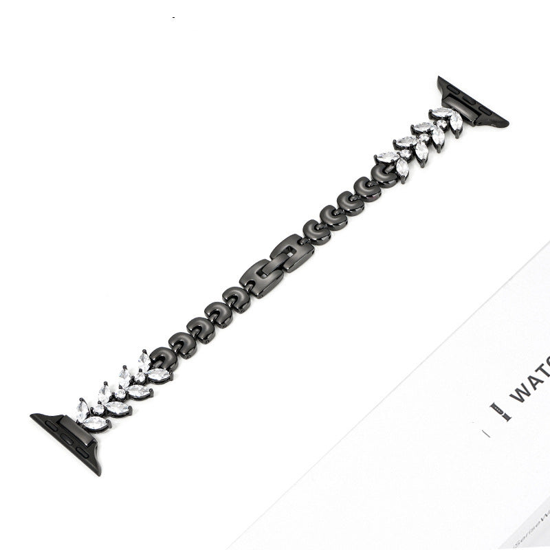 Black stainless steel Apple Watch band with crystal rhinestone embellishments and black end caps