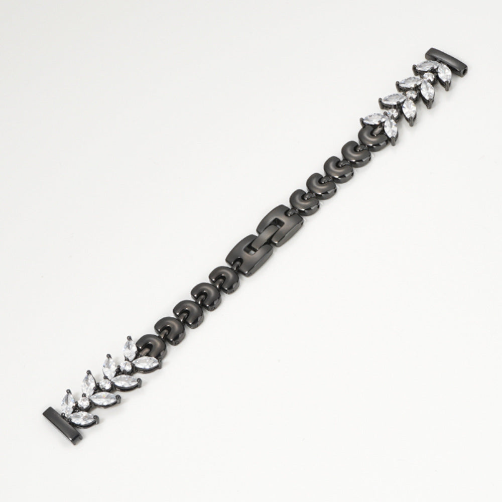 Black gunmetal tennis bracelet with cubic zirconia crystals and quick release clasp closure