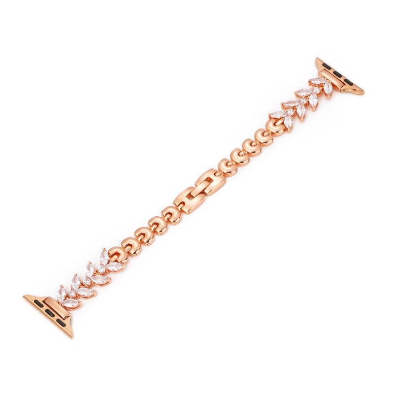 Rose gold Apple Watch band with crystal leaf charms and link chain design for smartwatch straps