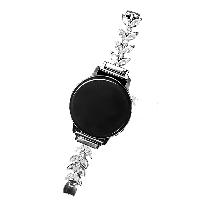 Black round smartwatch with crystal embellished quick release bracelet strap on white background