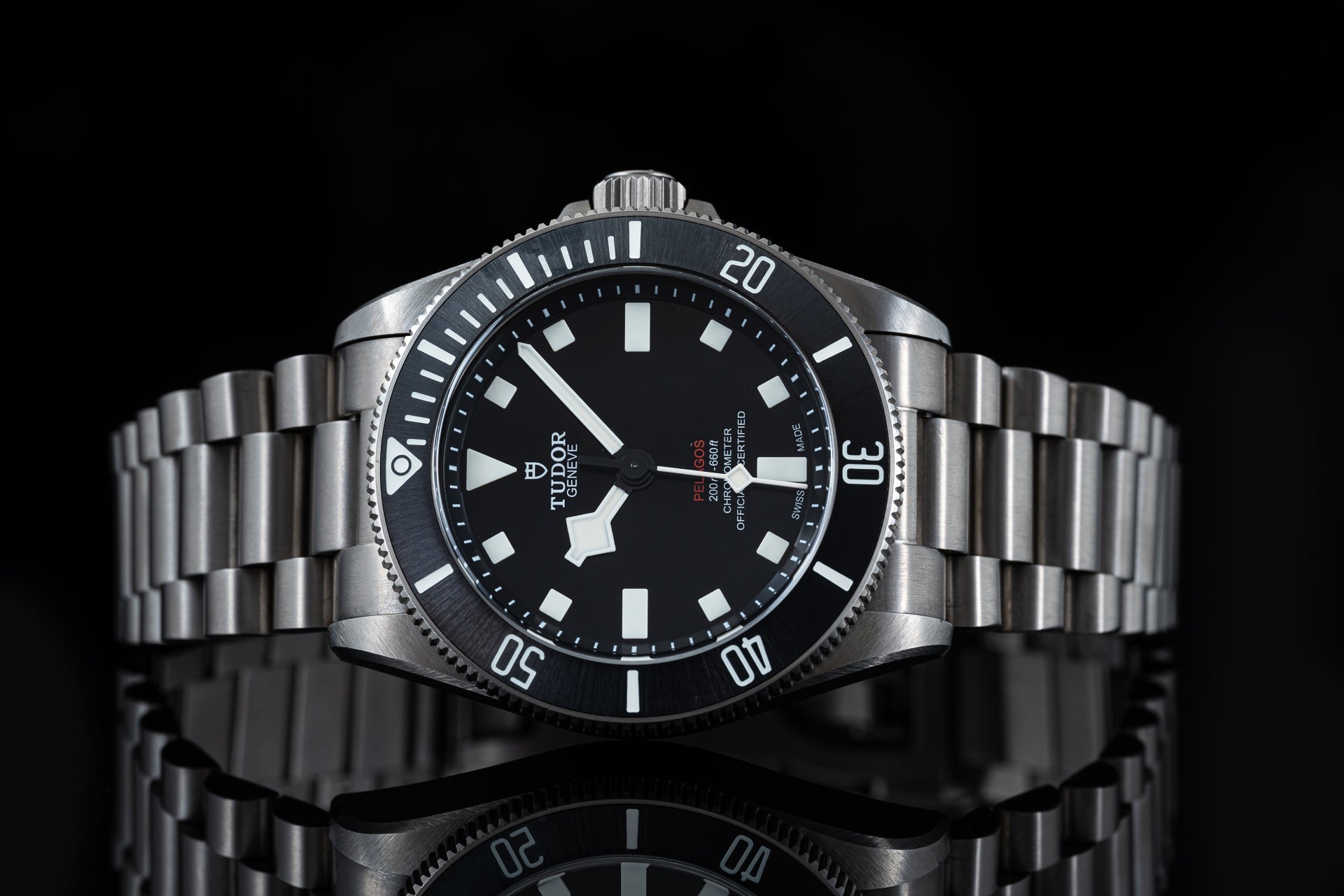 Tudor Pelagos 39mm dive watch with black dial, white hour markers, stainless steel bracelet and rotating bezel