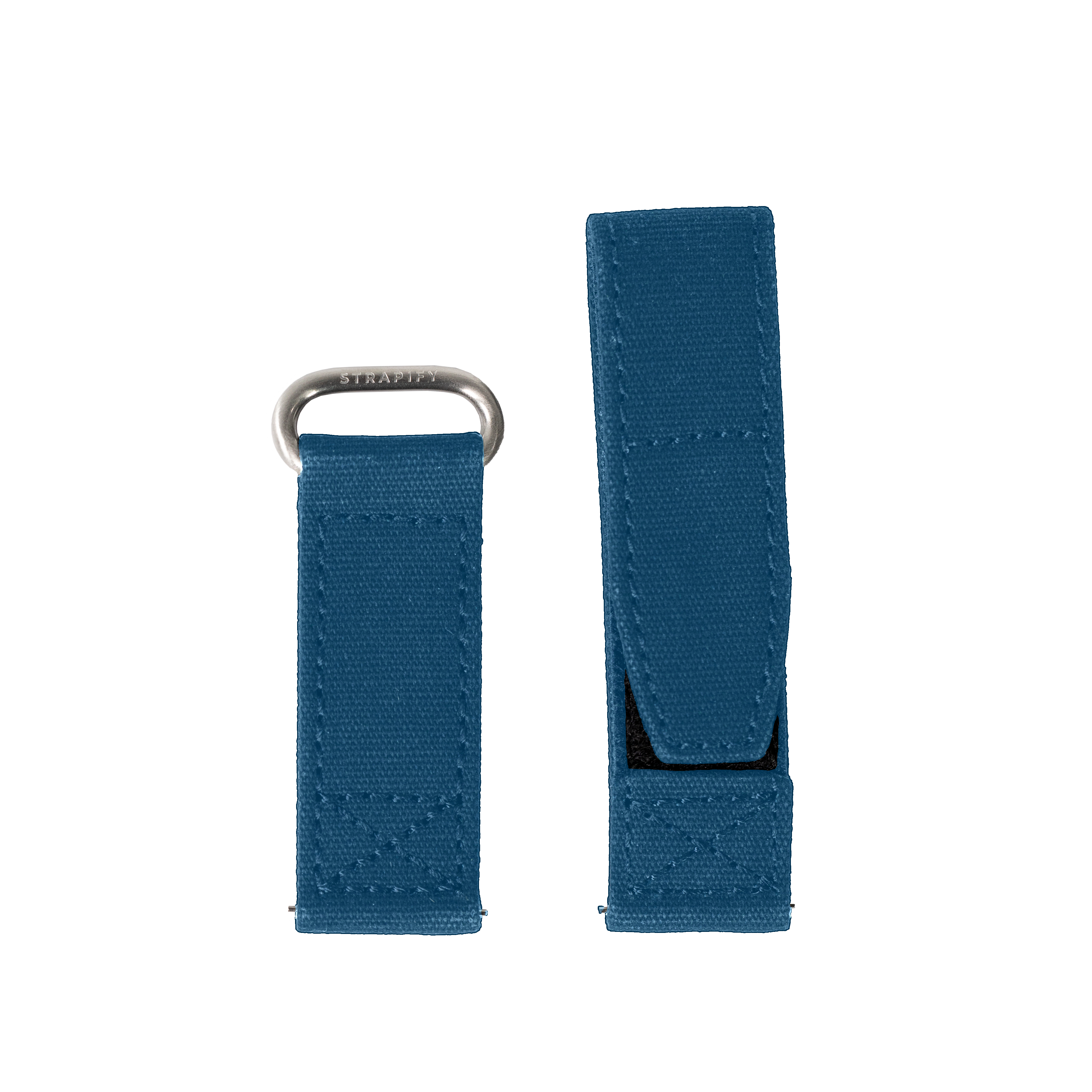 Blue fabric military watch strap with velcro closure and metal loop attachment hardware