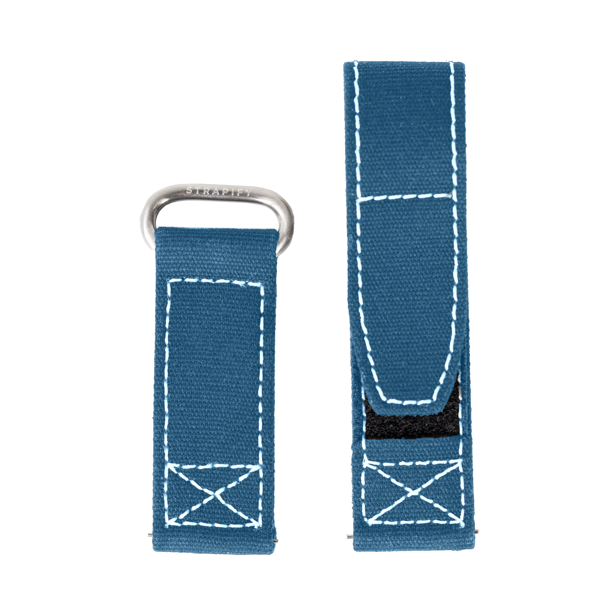 Blue canvas watch band with silver hardware, white contrast stitching and X-pattern detail, shown folded and extended