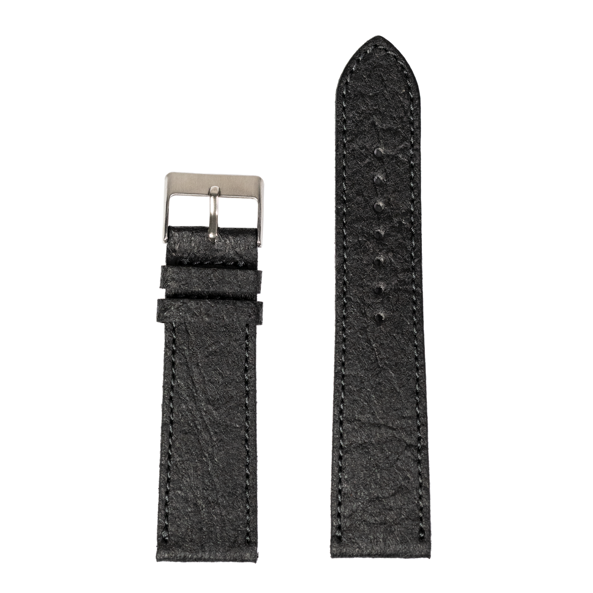 Black pineapple vegan leather watch band with silver buckle and curved lug design, shown assembled and unattached