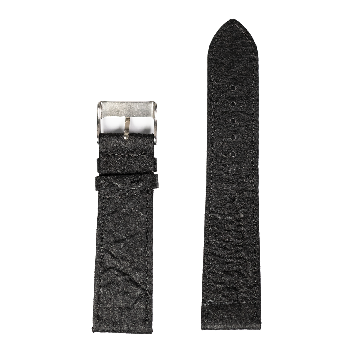 Black vegan leather watch band with silver buckle and stitching, shown unbuckled and buckled configurations