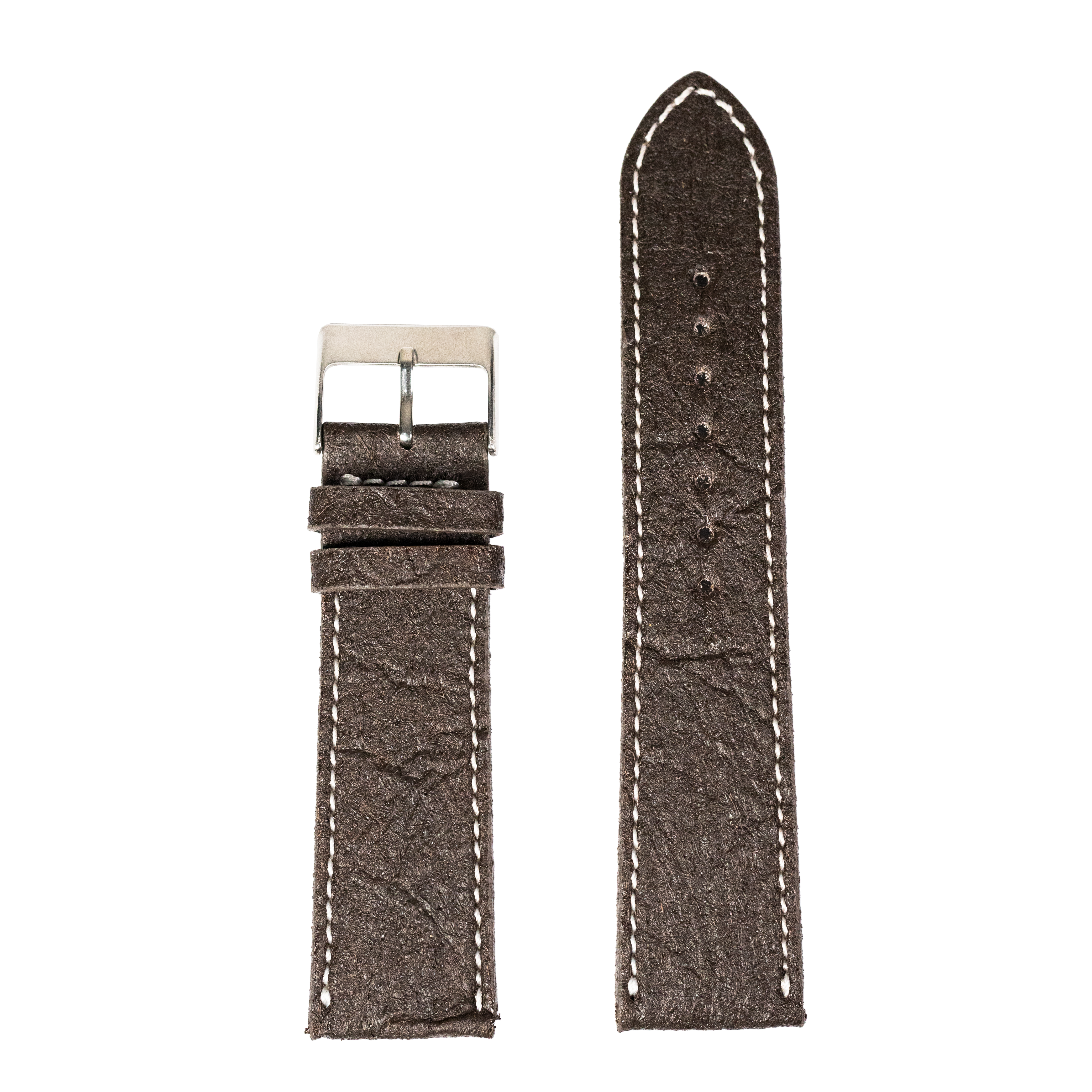 Dark brown vegan leather watch strap with white contrast stitching and silver buckle