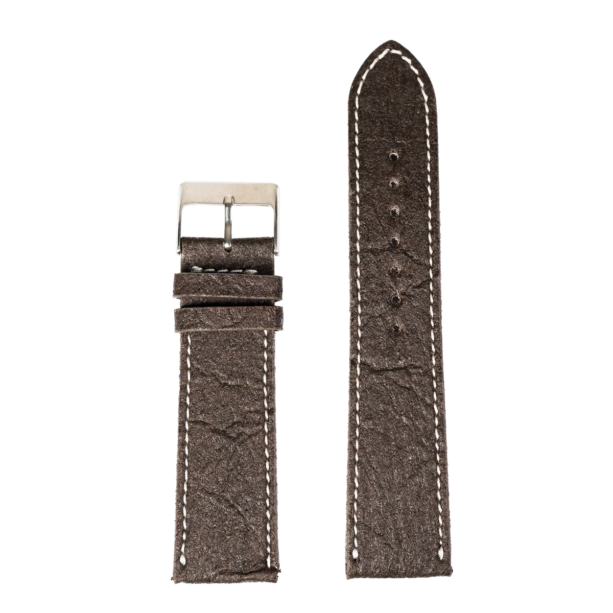 Dark brown vegan leather watch band with white stitching and silver buckle for Fitbit Versa and Sense smartwatches