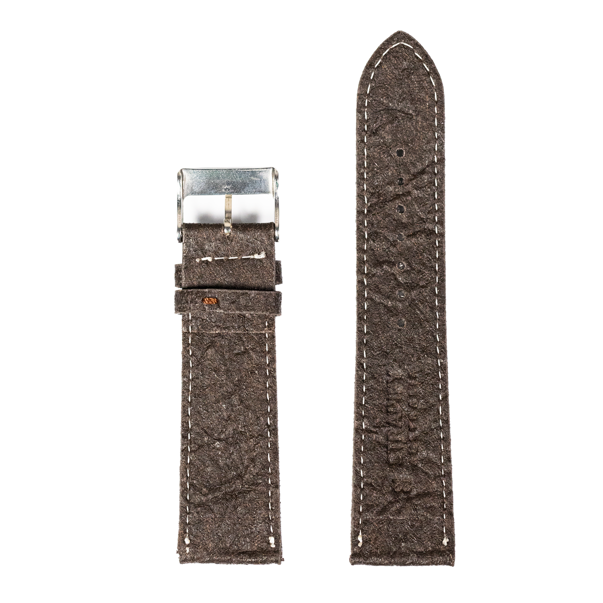 Dark brown vegan leather watch strap with white contrast stitching and silver buckle, displayed extended and folded