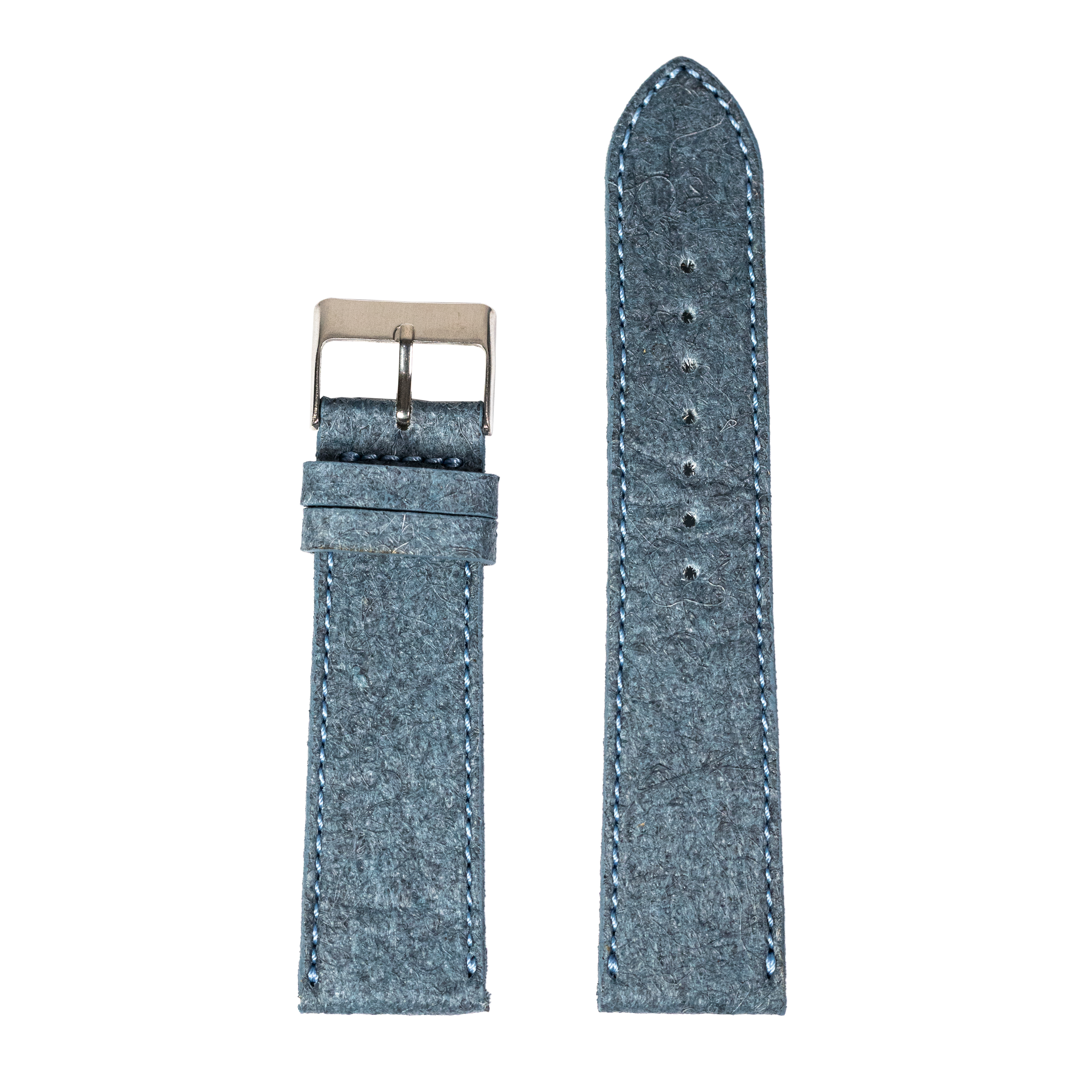 Denim blue vegan leather watch strap with pineapple texture and stainless steel buckle