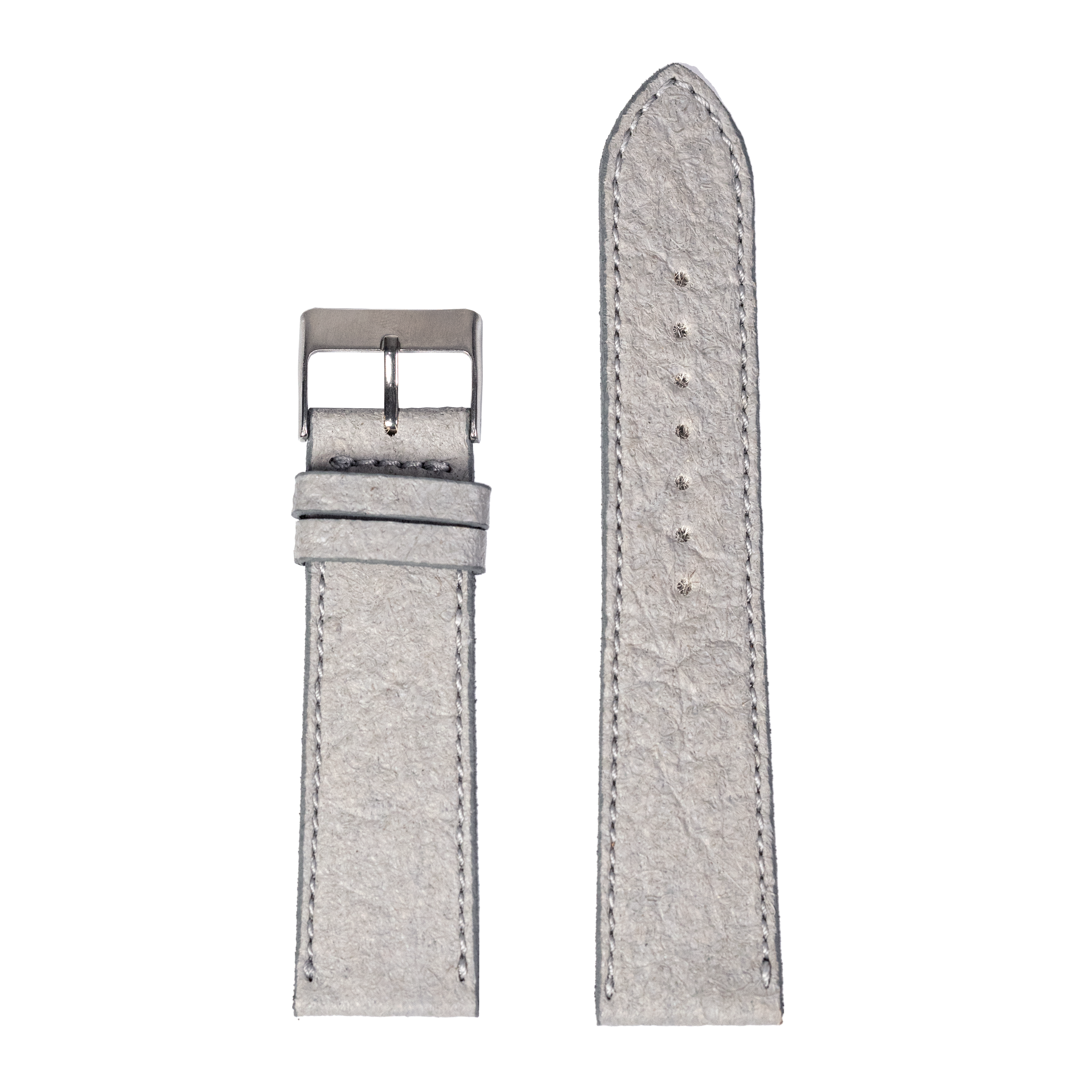 Grey vegan leather watch band with white stitching and silver buckle