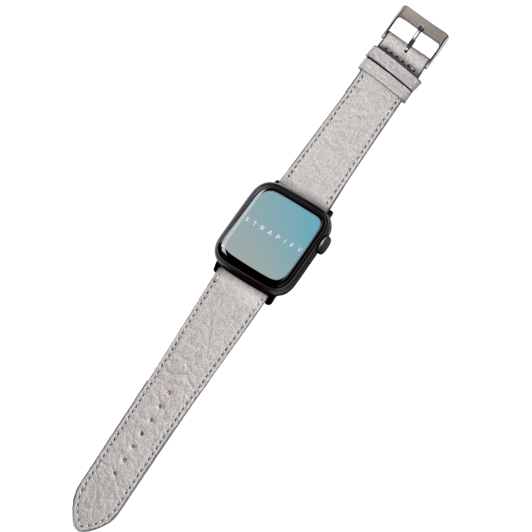 Apple Watch with grey pineapple vegan leather strap and black case on white background