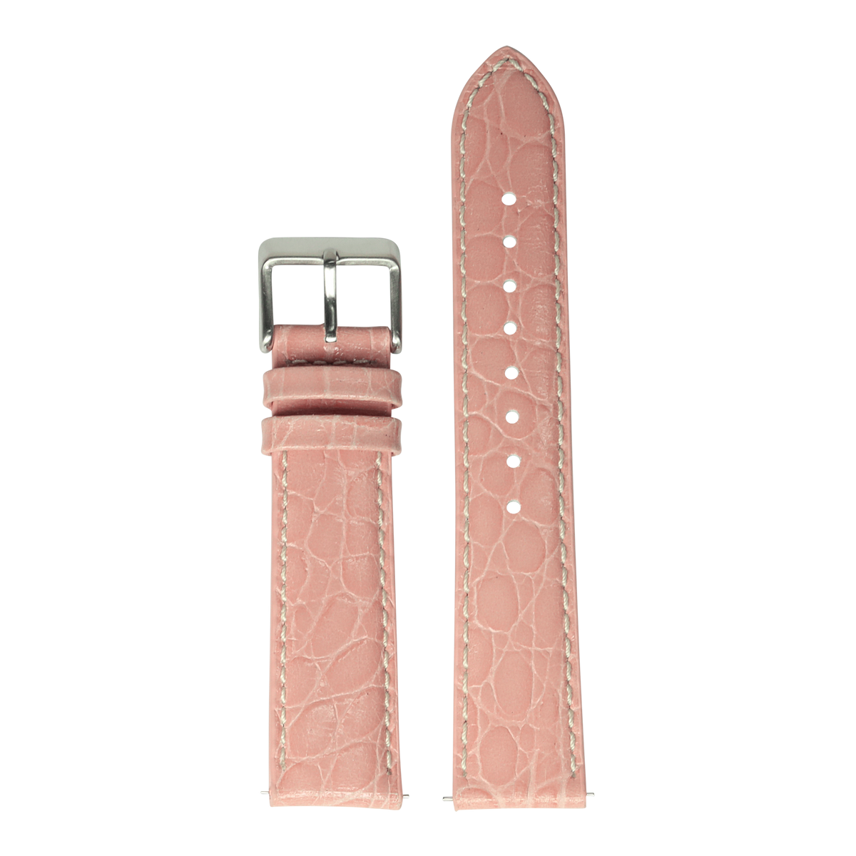 Rose pink alligator leather watch band with silver buckle and white stitching for Fitbit Versa and Sense smartwatches