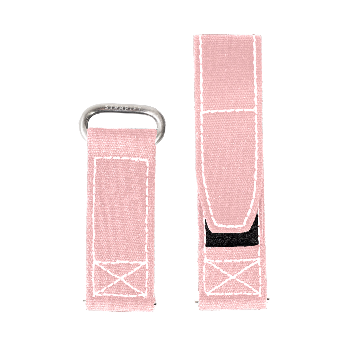 Pink canvas military-style watch strap with white stitching and silver metal loop hardware, shown folded and extended
