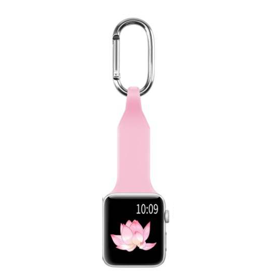 Pink silicone carabiner fob with metal clip for Apple Watch, securing smartwatch to bags and keychain