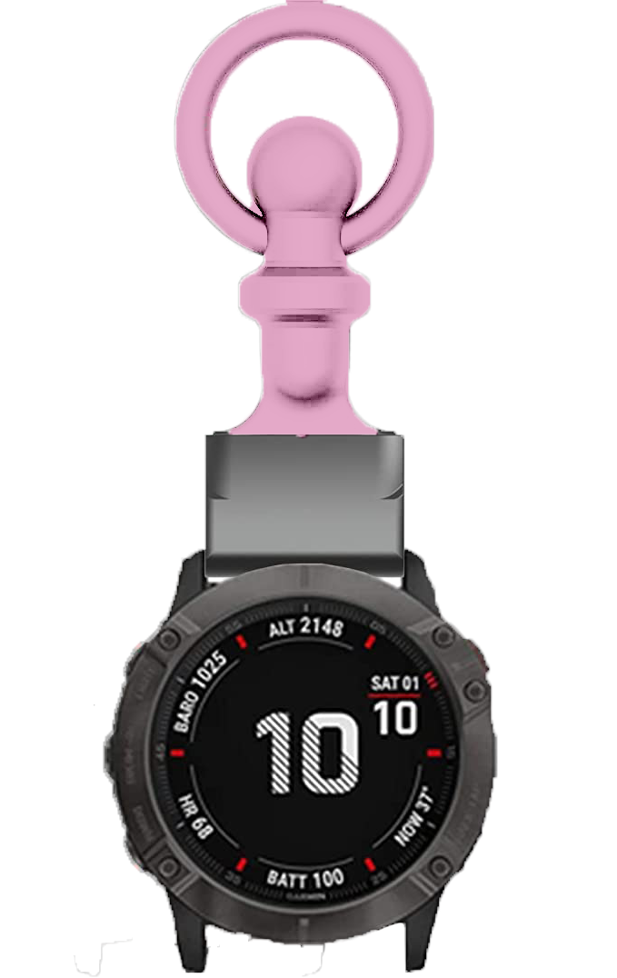 Pink QuickFit watch band attachment fob with loop for professionals, compatible with smartwatch featuring digital display showing time and battery status