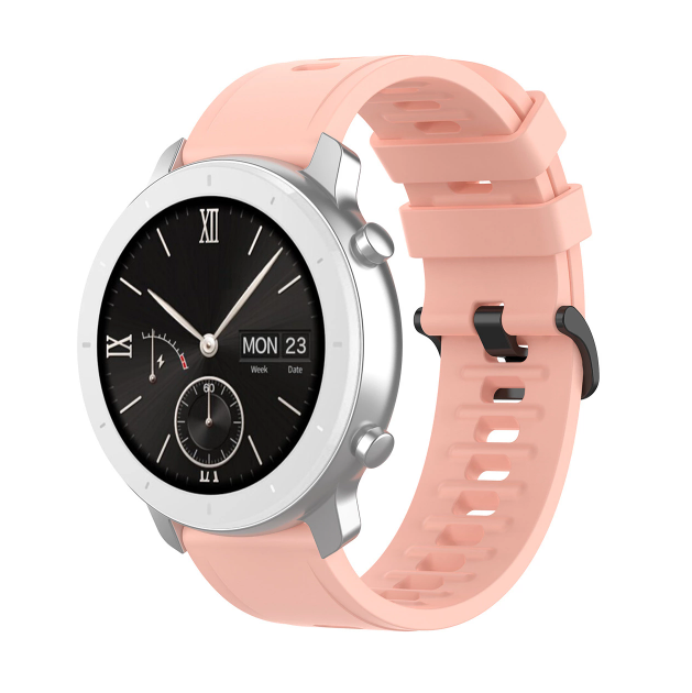Smartwatch with silver case, black dial showing date and time, paired with pink silicone quick release sport band with black hardware