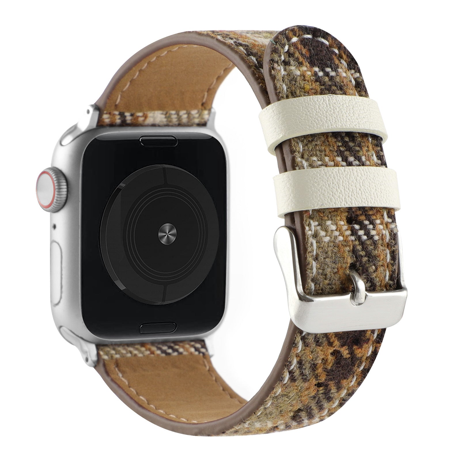 Leopard print leather smartwatch band with white accent straps and silver buckle for Apple Watch