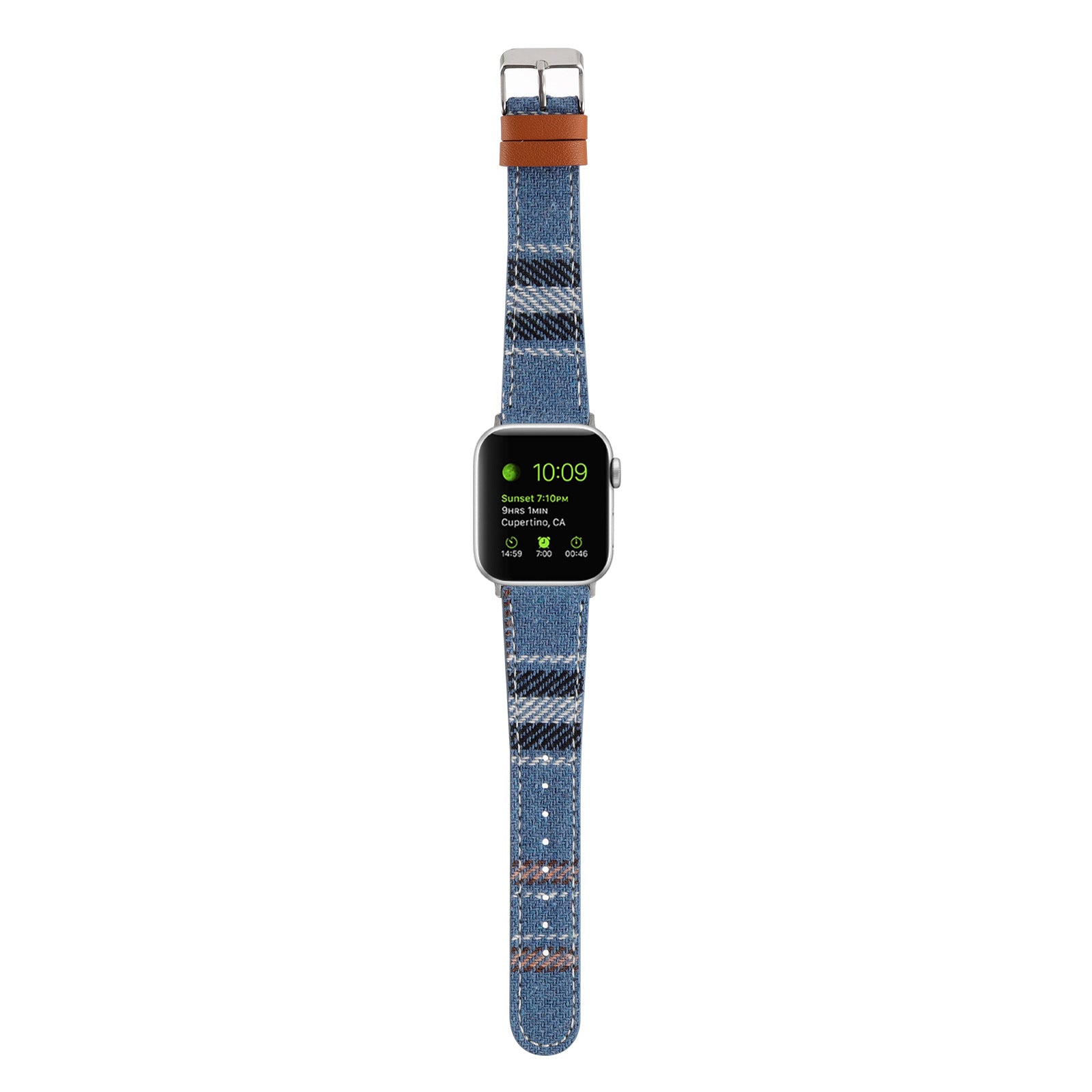 Smartwatch with denim blue plaid fabric band and tan leather accent trim, silver stainless steel case displaying time and notifications on screen