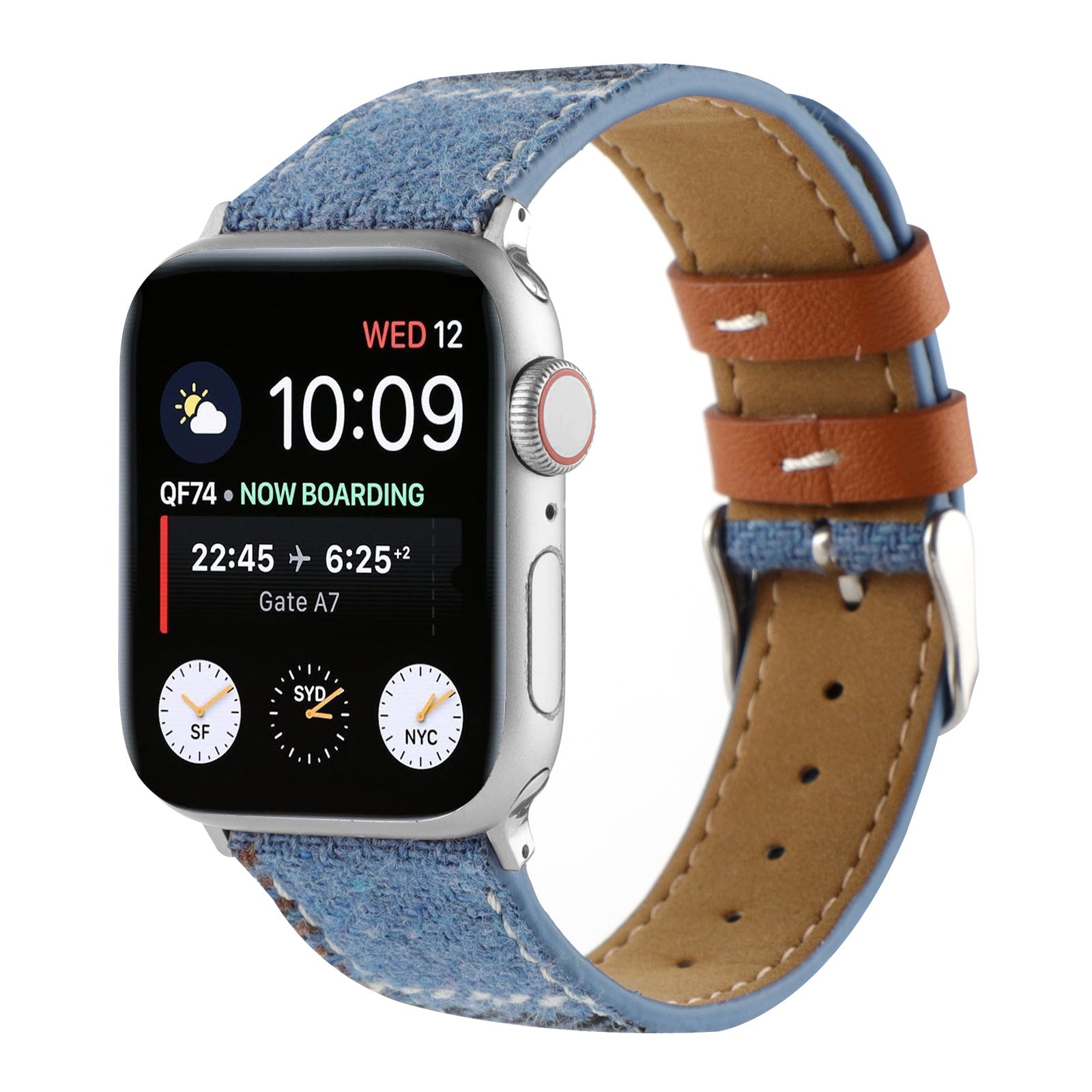 Silver smartwatch with blue plaid fabric band and tan leather strap showing time, flight info and world clocks on display