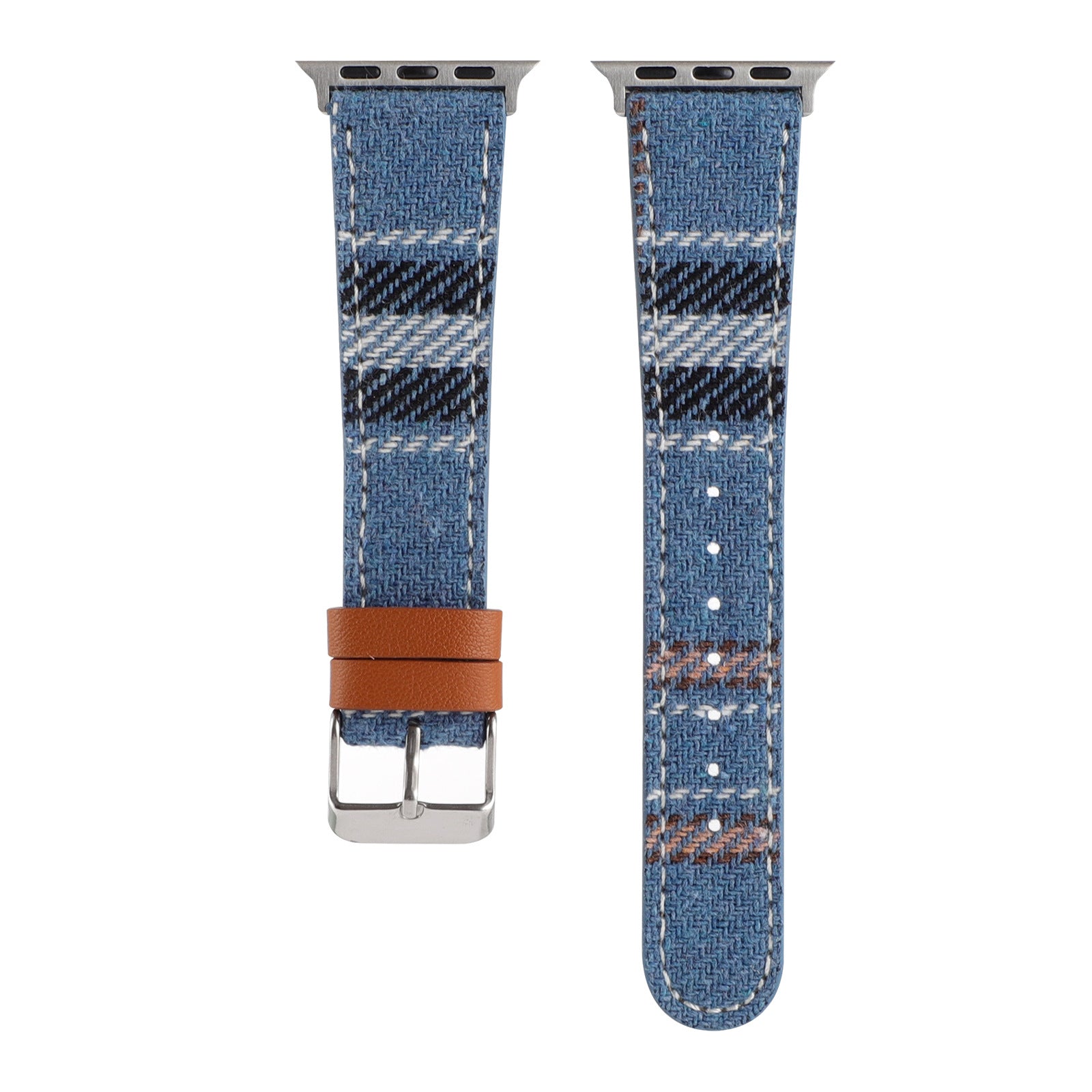 Blue plaid woven fabric Apple Watch band with tan leather cuff and silver connector hardware