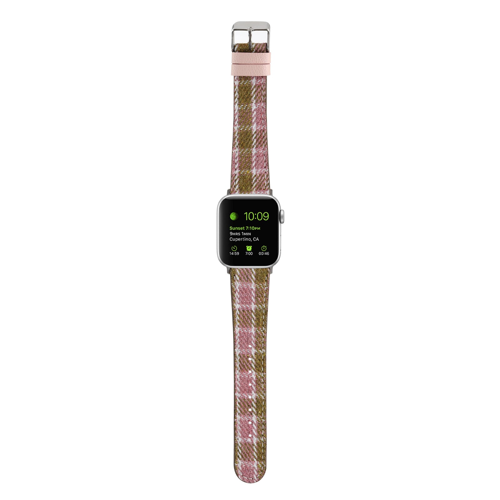 Apple Watch smartwatch with pink and olive plaid check fabric band and silver case displaying time and weather information