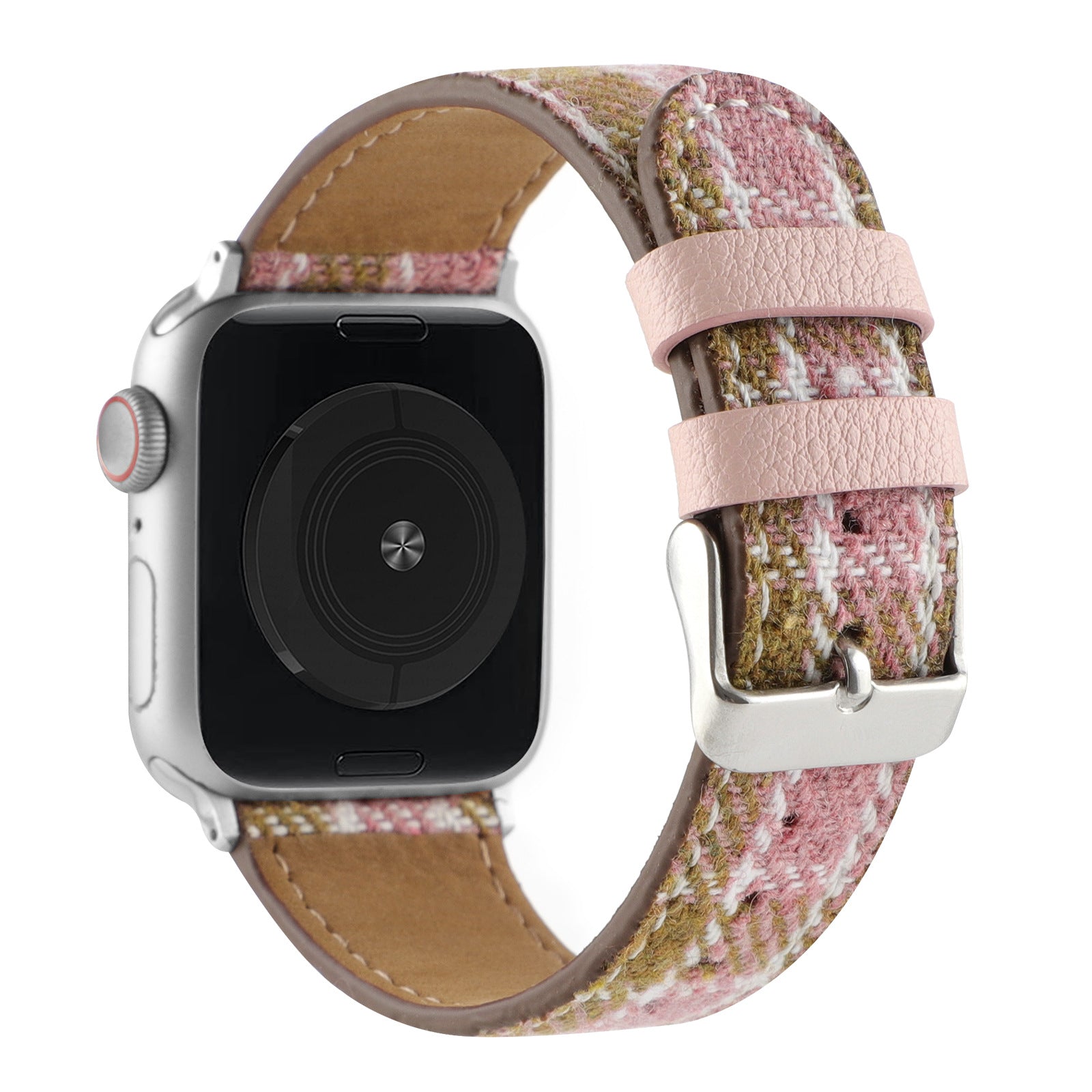 Silver smartwatch with pink plaid tweed fabric band and pink leather straps with silver buckle