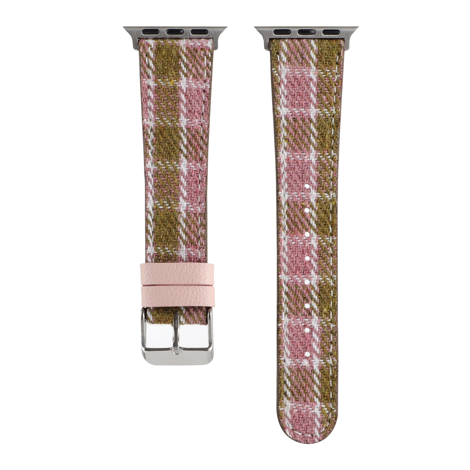Pink and gold plaid check fabric Apple Watch band with leather trim and silver buckle closure