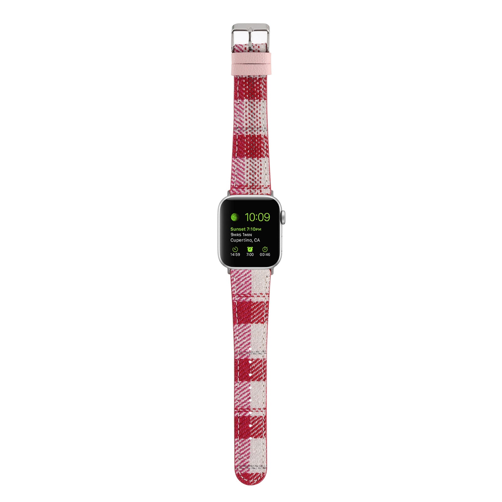 Apple Watch with red and white plaid check fabric band showing time display at 10:09