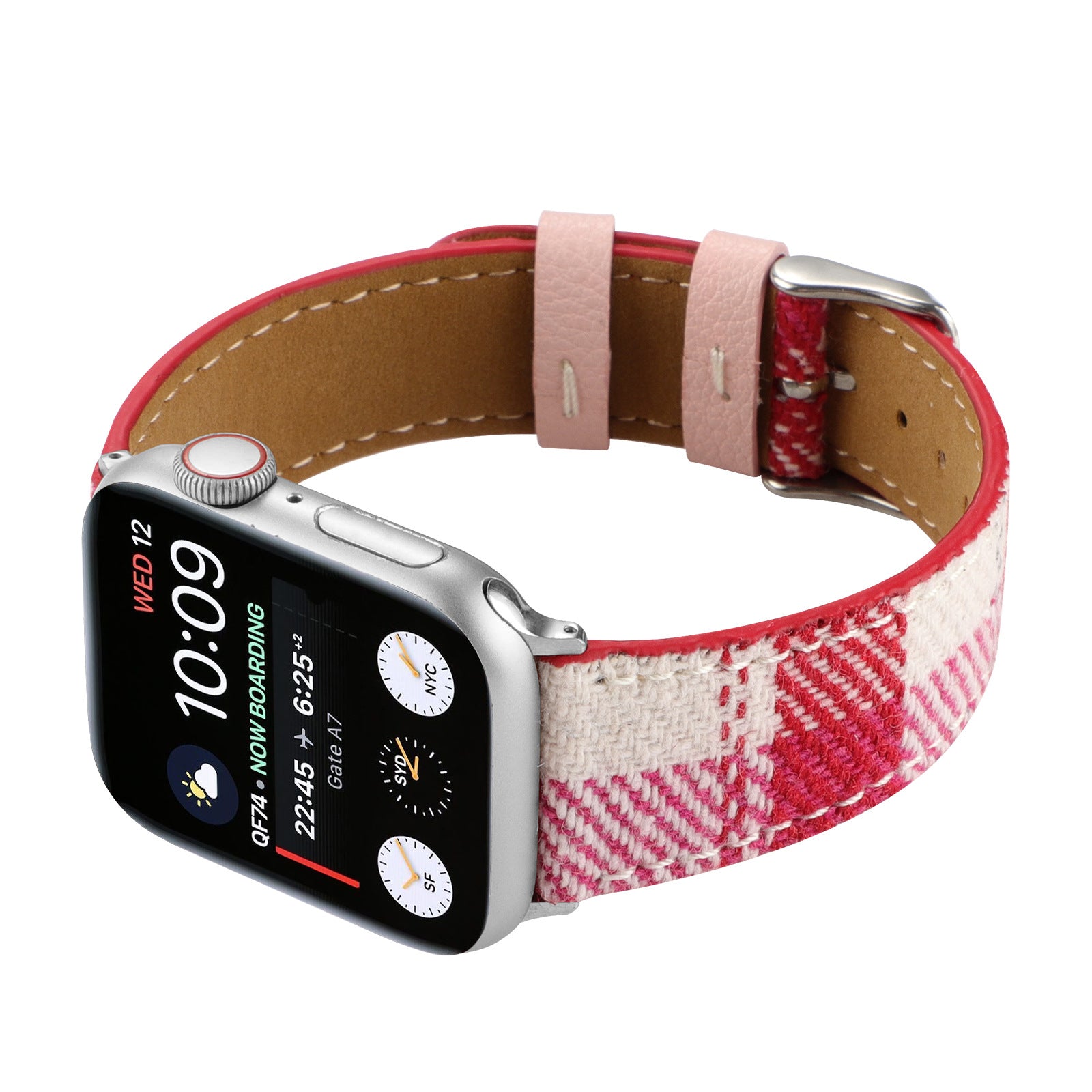Silver smartwatch with pink plaid woven fabric band and leather lining, displaying time and weather on black dial