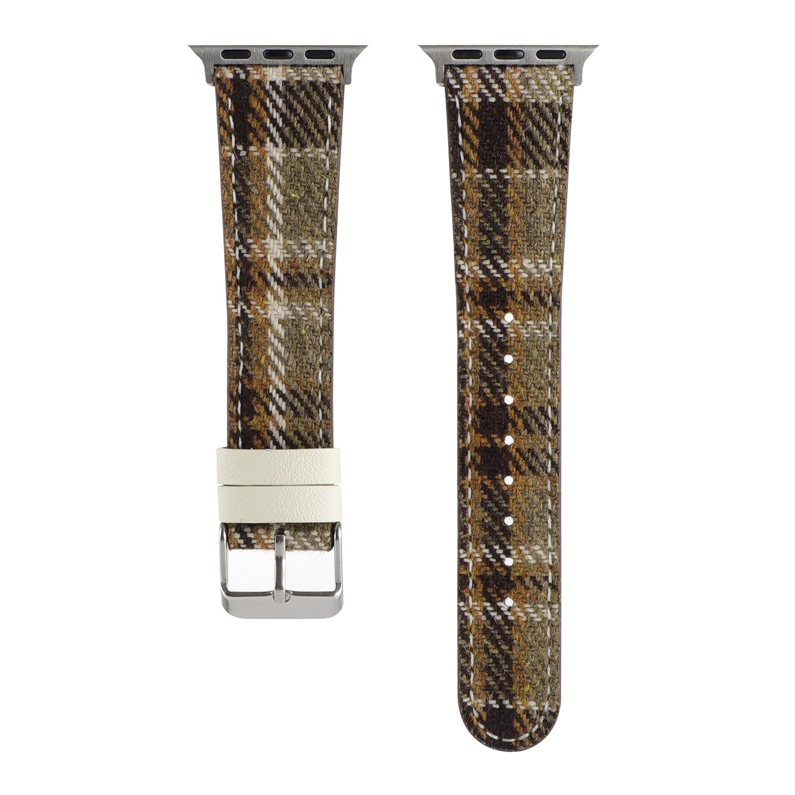 Plaid check fabric Apple Watch band with brown and cream woven pattern, cream leather trim and silver buckle