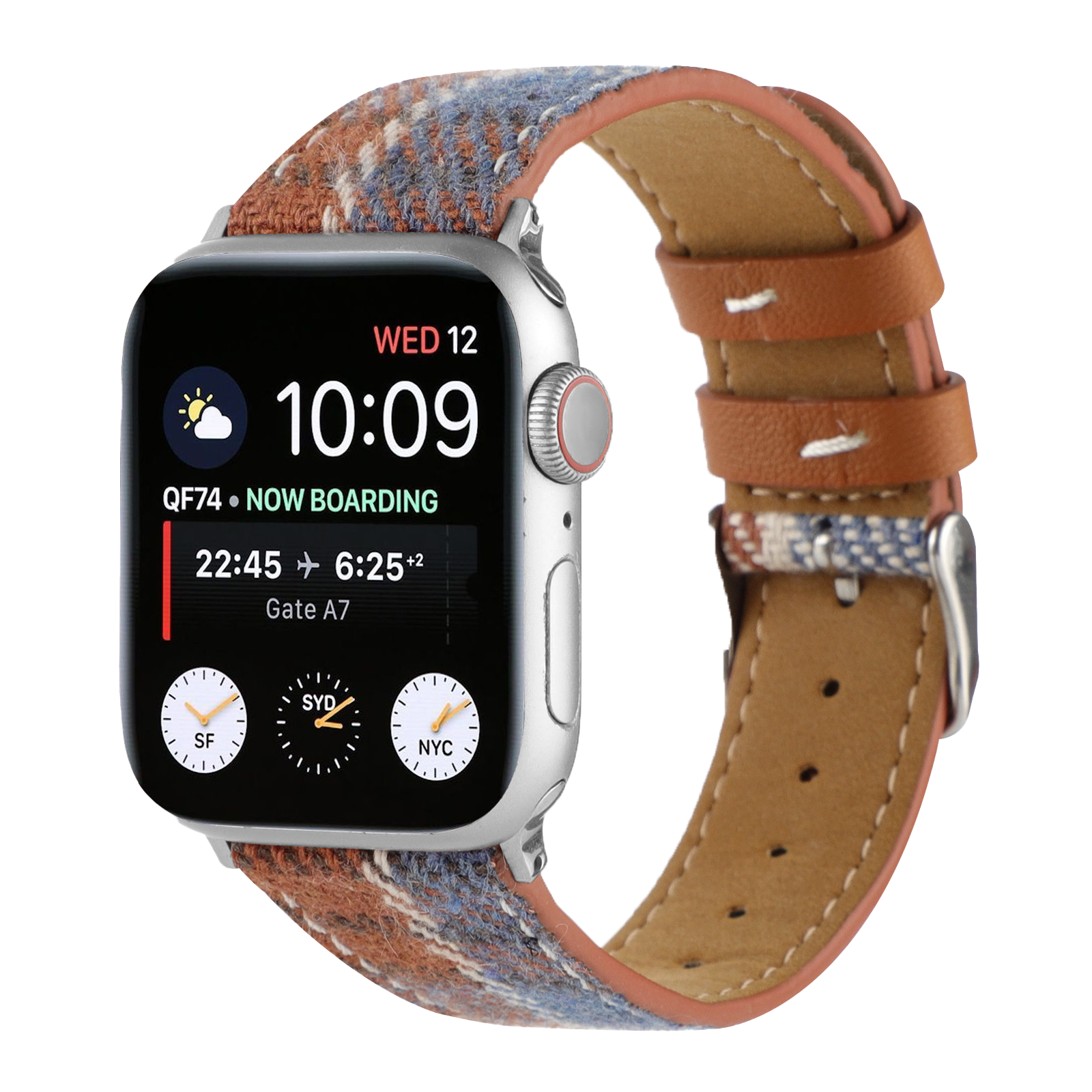 Silver smartwatch with plaid fabric and cognac leather band displaying flight information and world time zones