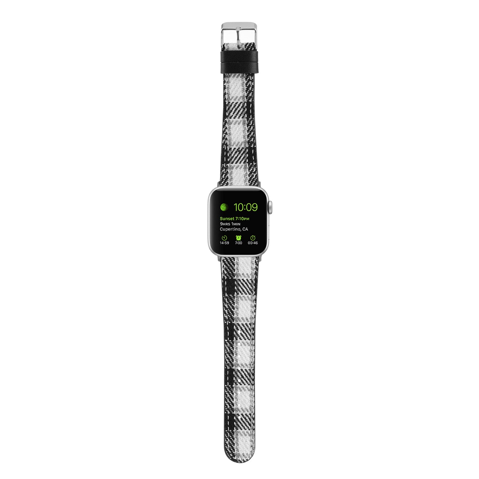 Smartwatch with black and white plaid check fabric band and silver case displaying time and weather on screen