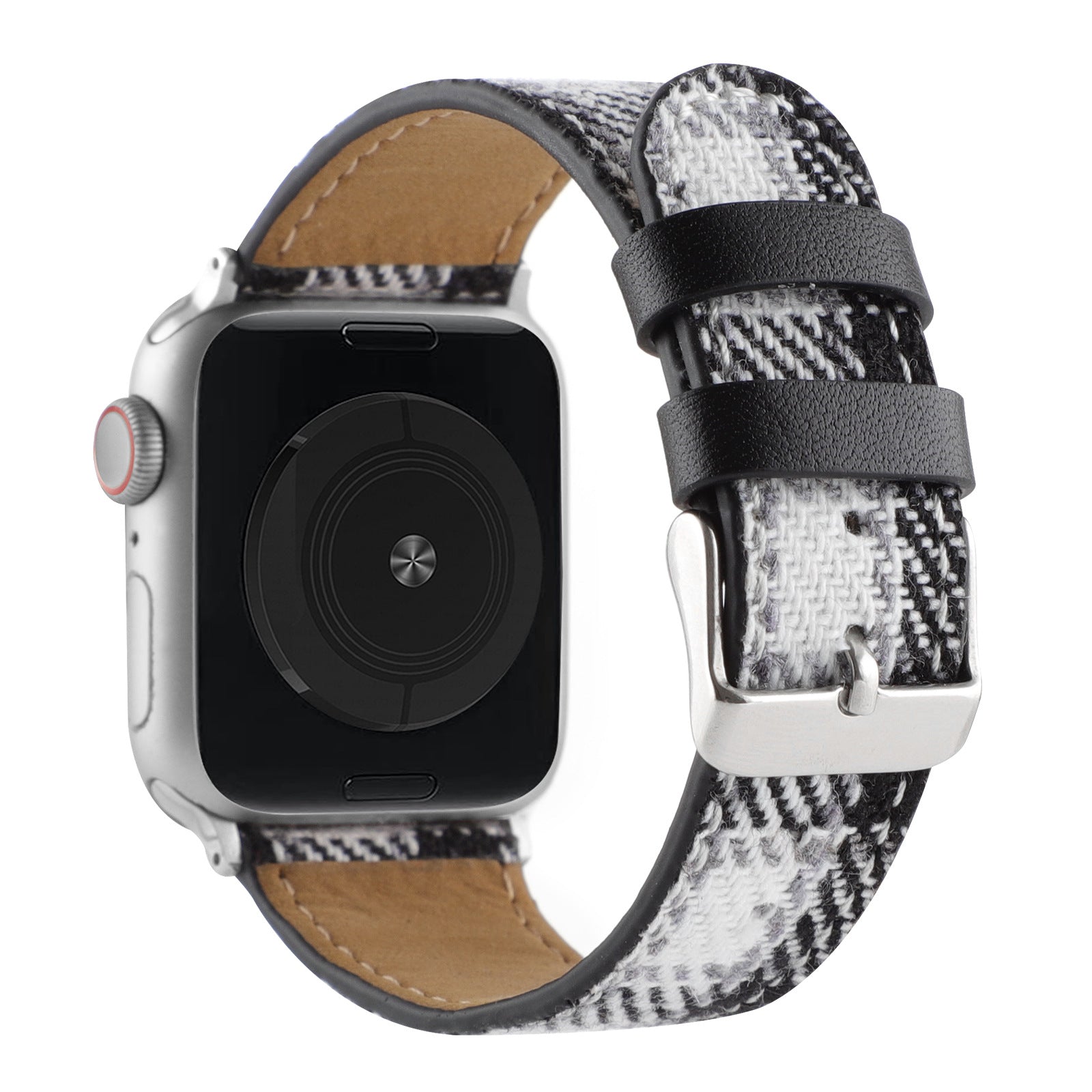 Silver smartwatch with black and white plaid fabric band, tan leather interior, and stainless steel buckle