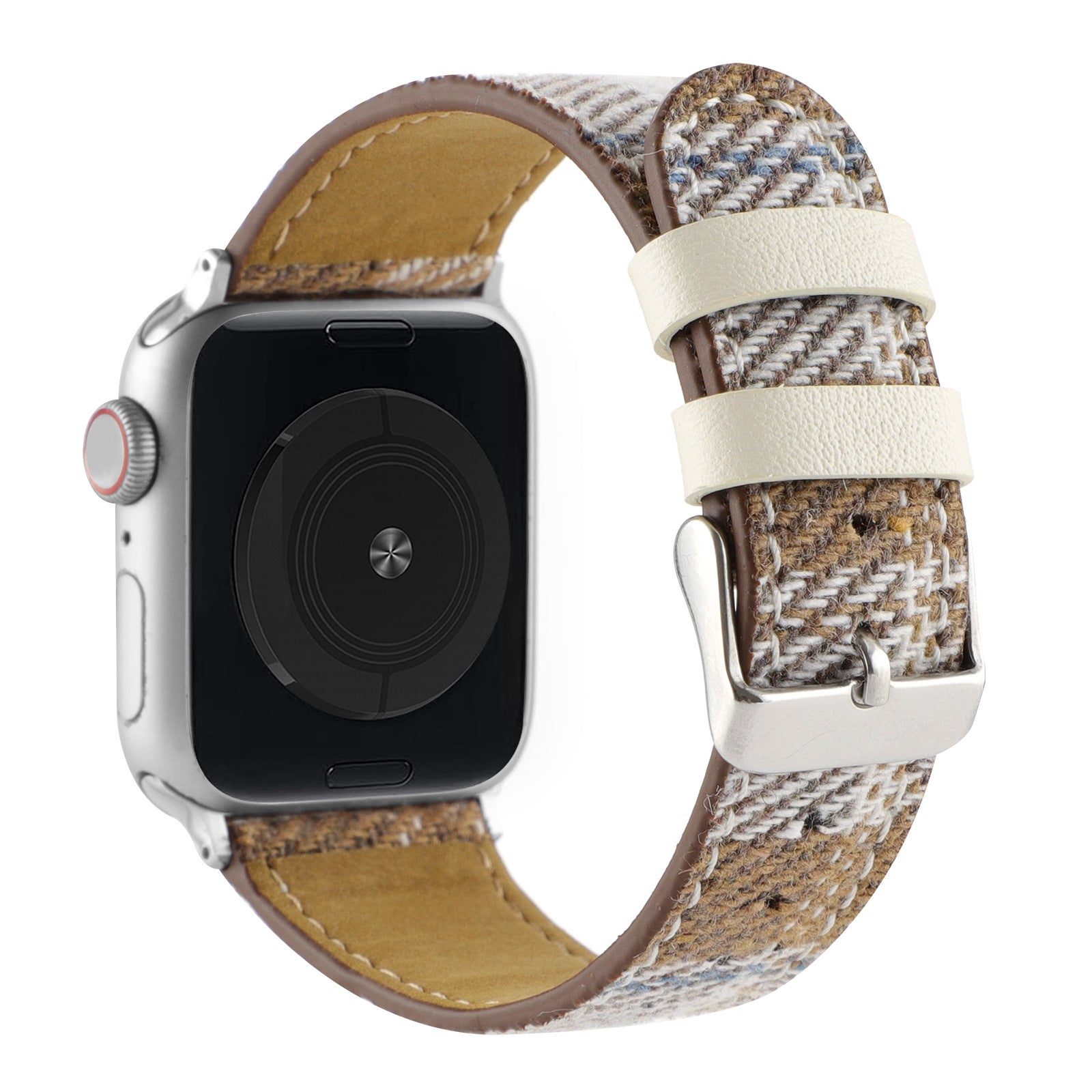 Silver Apple Watch with tan leather and cream plaid fabric band with white buckle strap