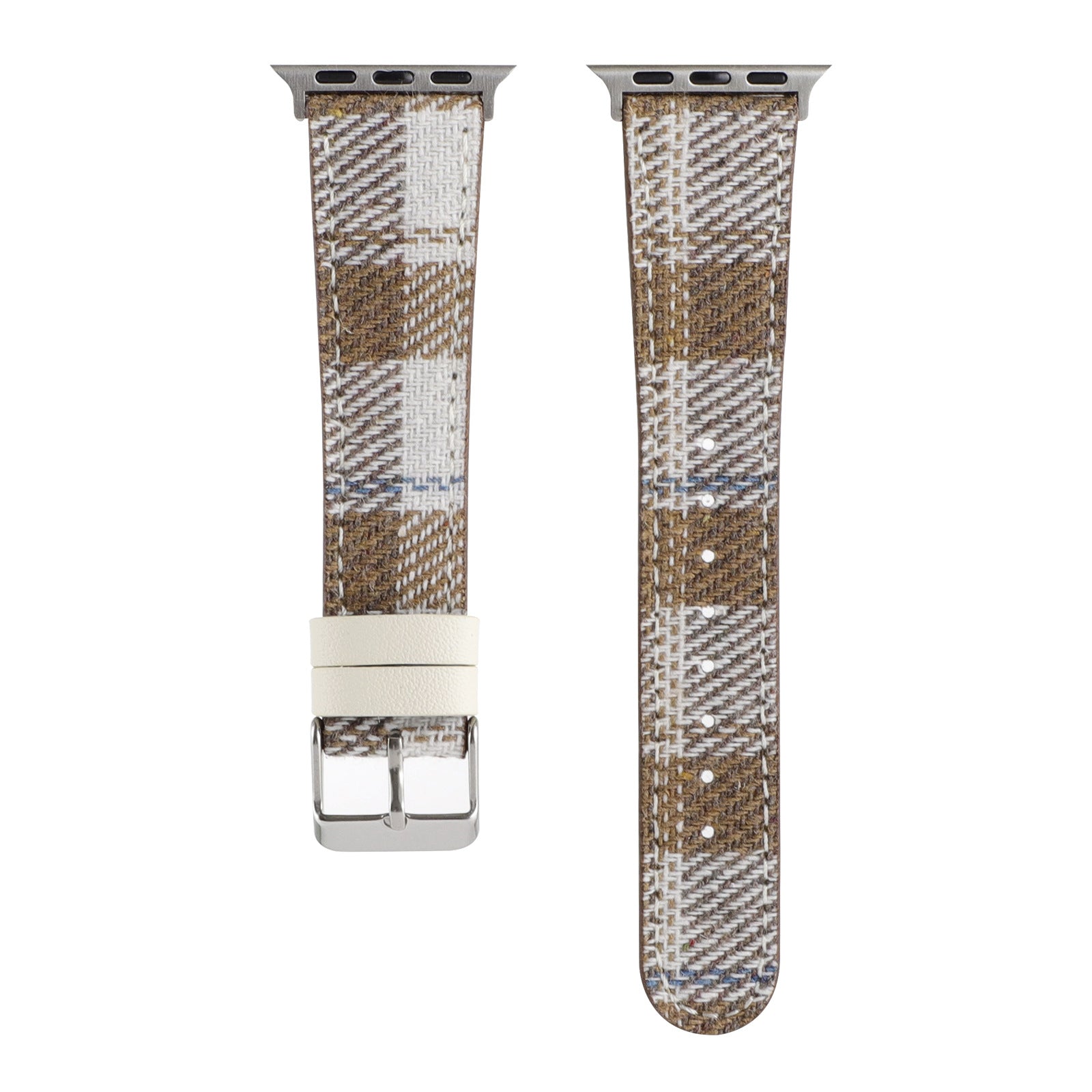 Plaid check woven fabric Apple Watch band in tan and cream with silver connector and buckle closure